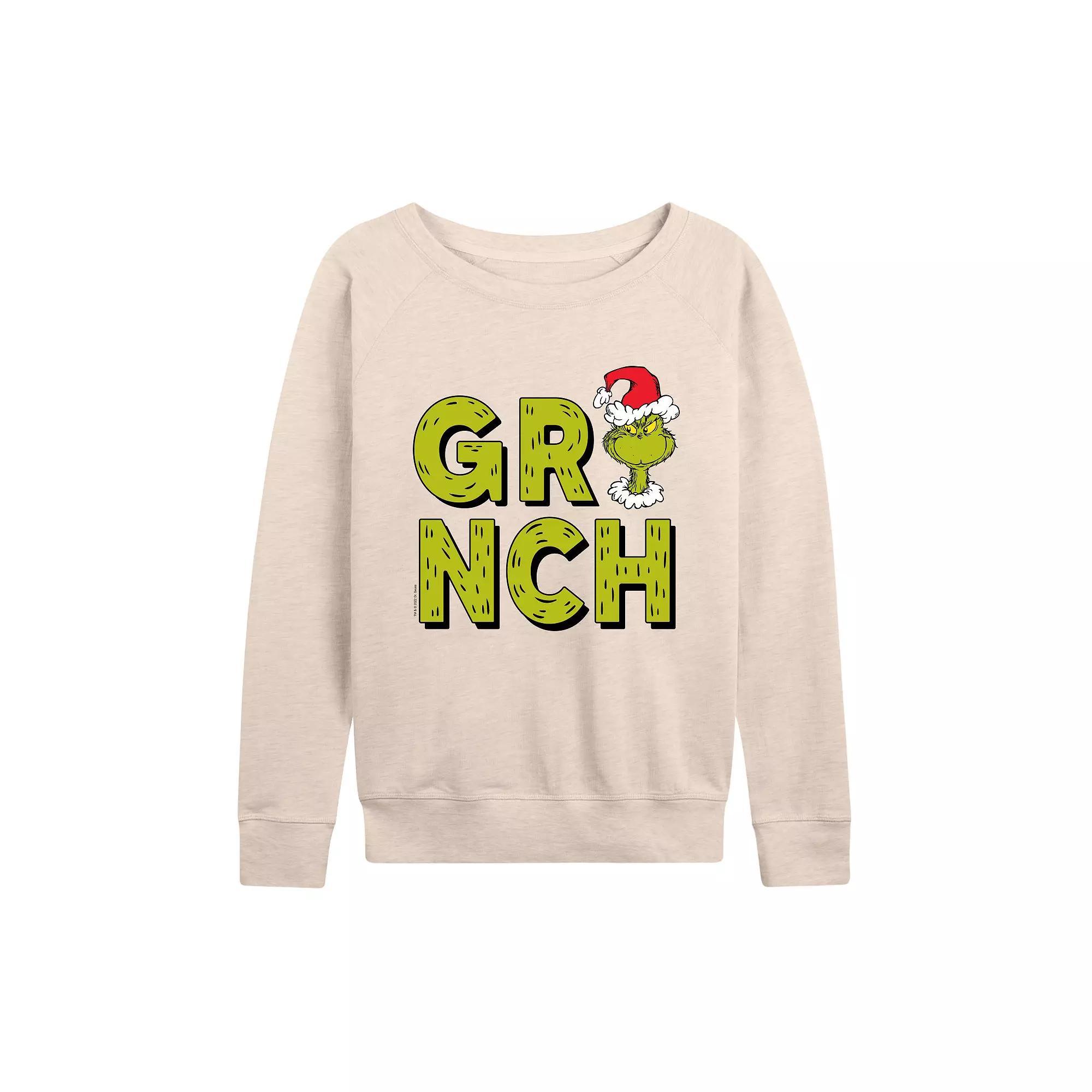 Women's Dr. Seuss Grinch Fur Letters French Terry Long Sleeve Tee, Size: XXL, Beige Product Image