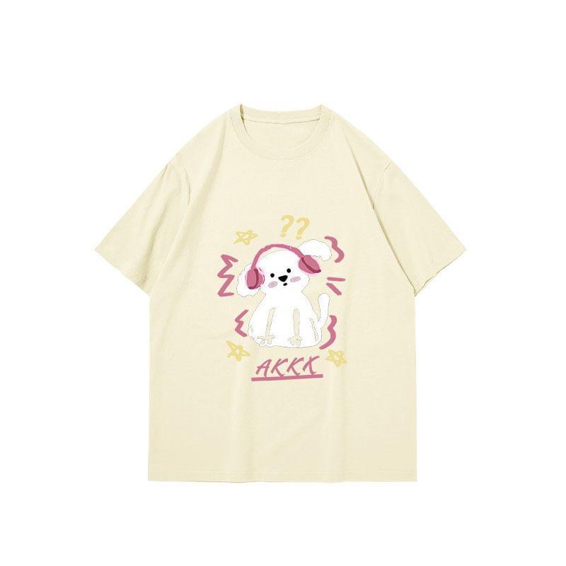 Short Sleeve Dog & Lettering Print Loose-Fit Tee Product Image