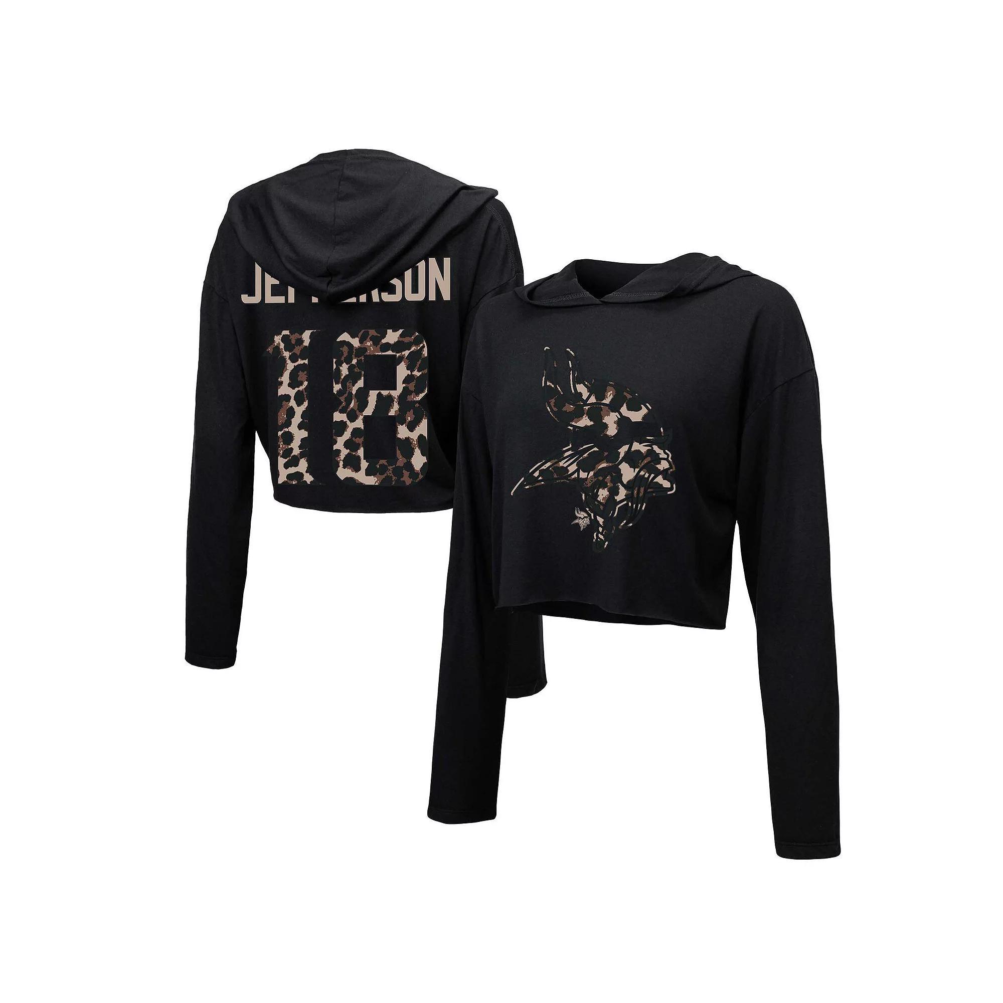 Women's Majestic Threads Justin Jefferson Black Minnesota Vikings Leopard Player Name & Number Long Sleeve Cropped Hoodie, Size: Medium Product Image