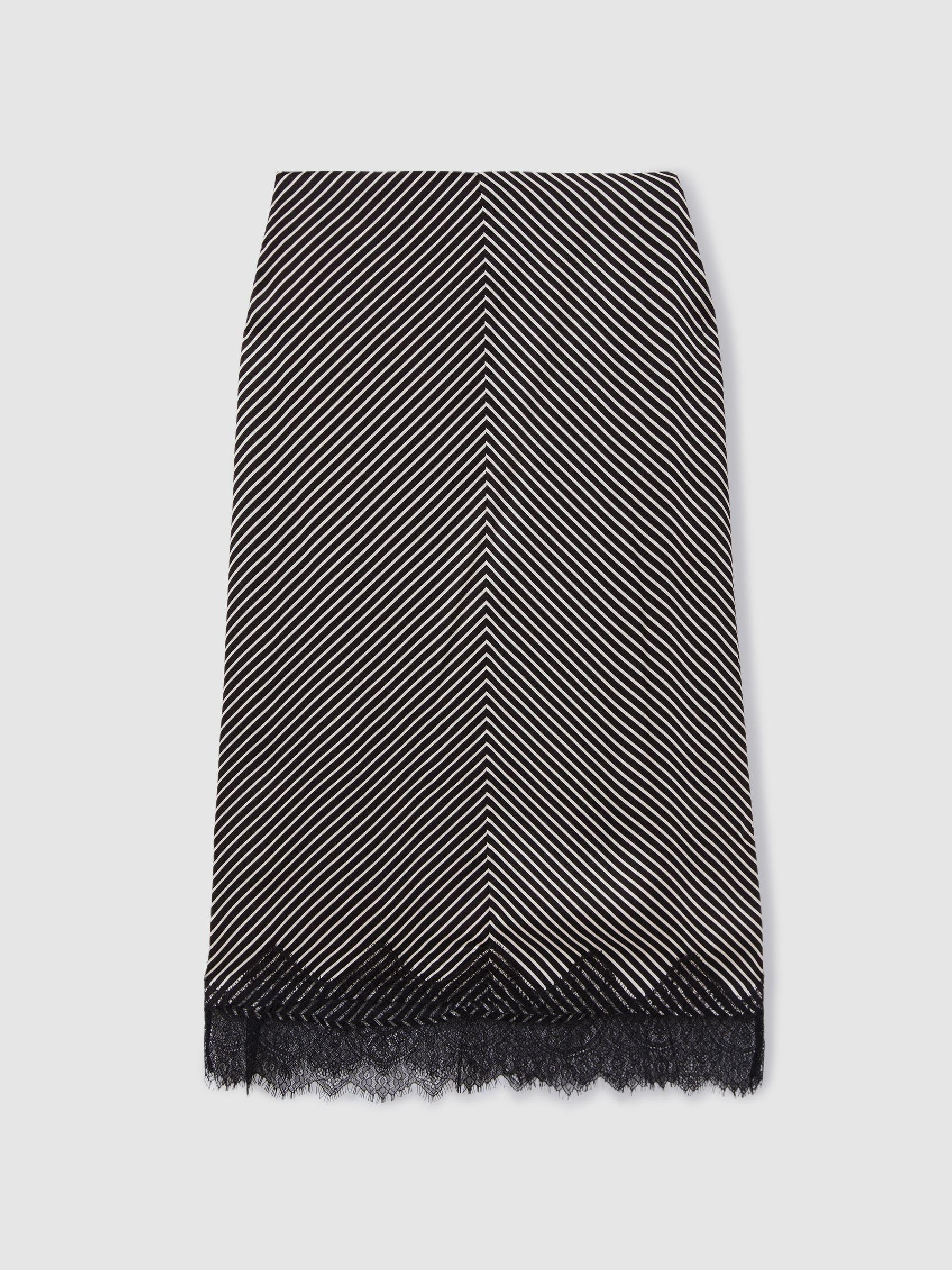 Ivy Black/Ivory Striped Lace Trim Midi Skirt Product Image