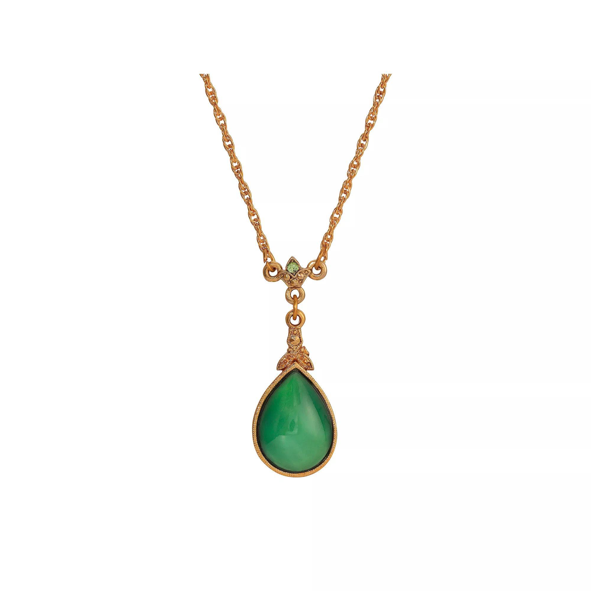 1928 14k Gold Tone Green Moonstone Glass Teardrop Pendant Necklace, Womens Product Image