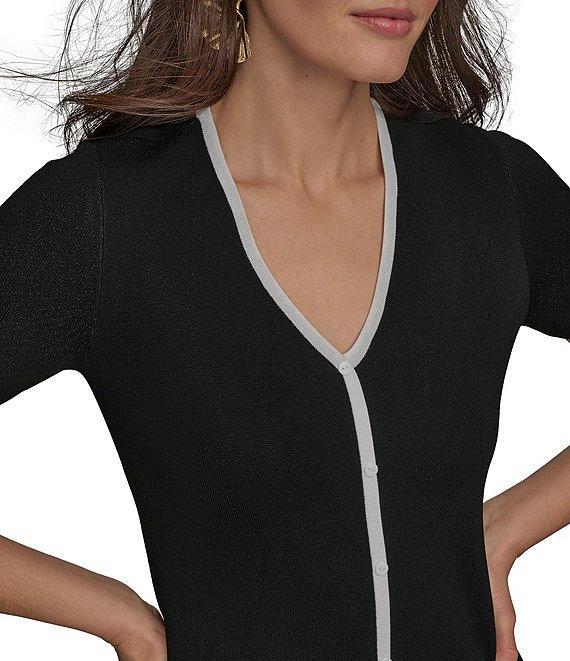 Donna Karan V-Neck Short Sleeve Contrast Trim Knit Midi Dress Product Image