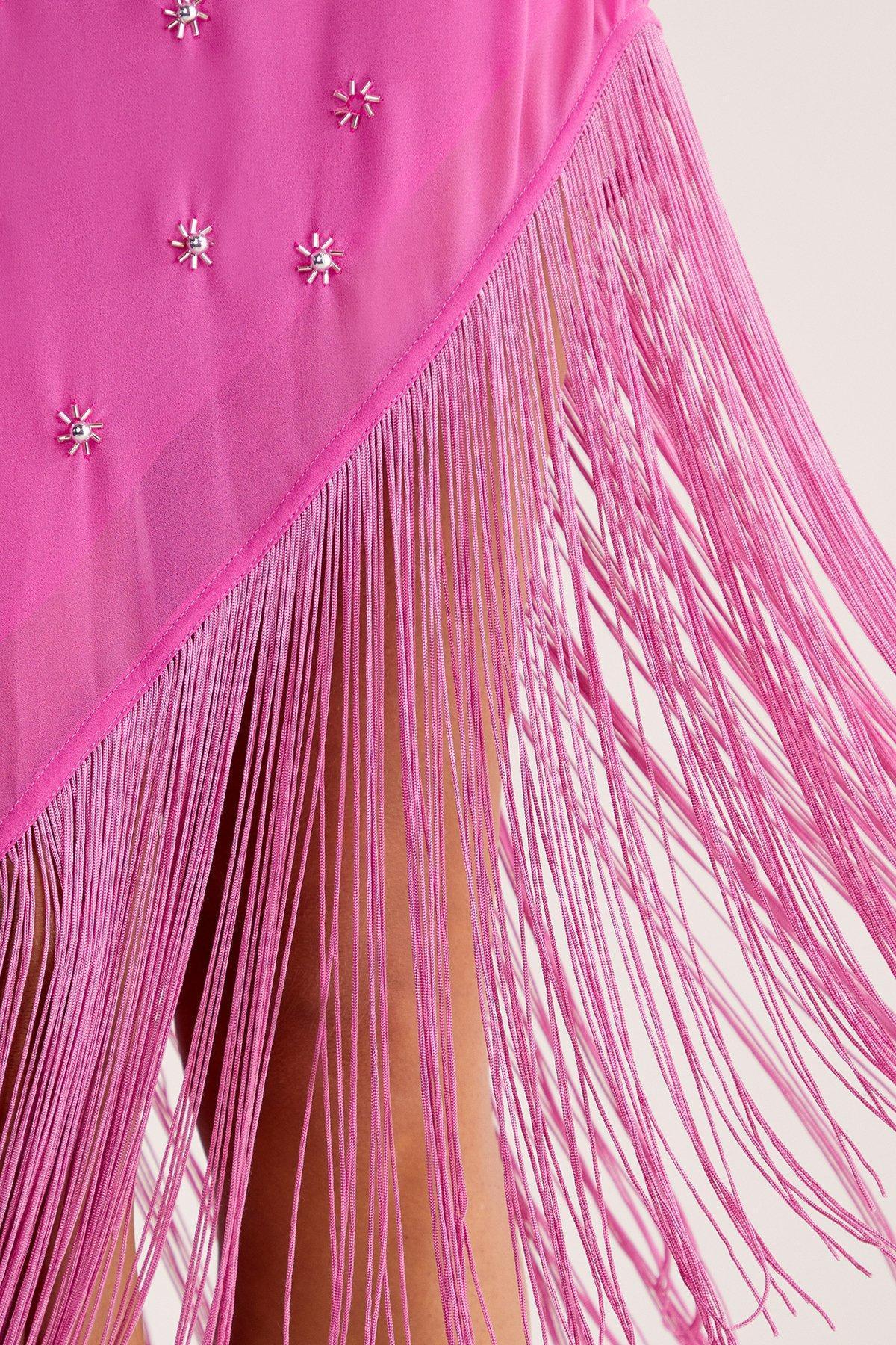 Studded Fringe Asymmetric Midi Dress Product Image