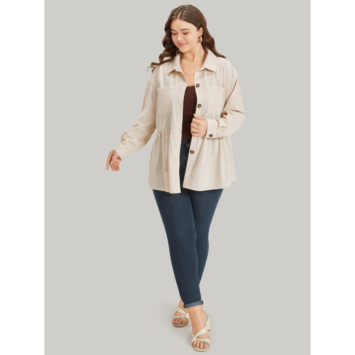 Plus Size Plain Shirt Collar Button Through Ruffle Hem Pocket Coat Women Beige Button Pocket Dailywear Jackets BloomChic 28/5X Product Image