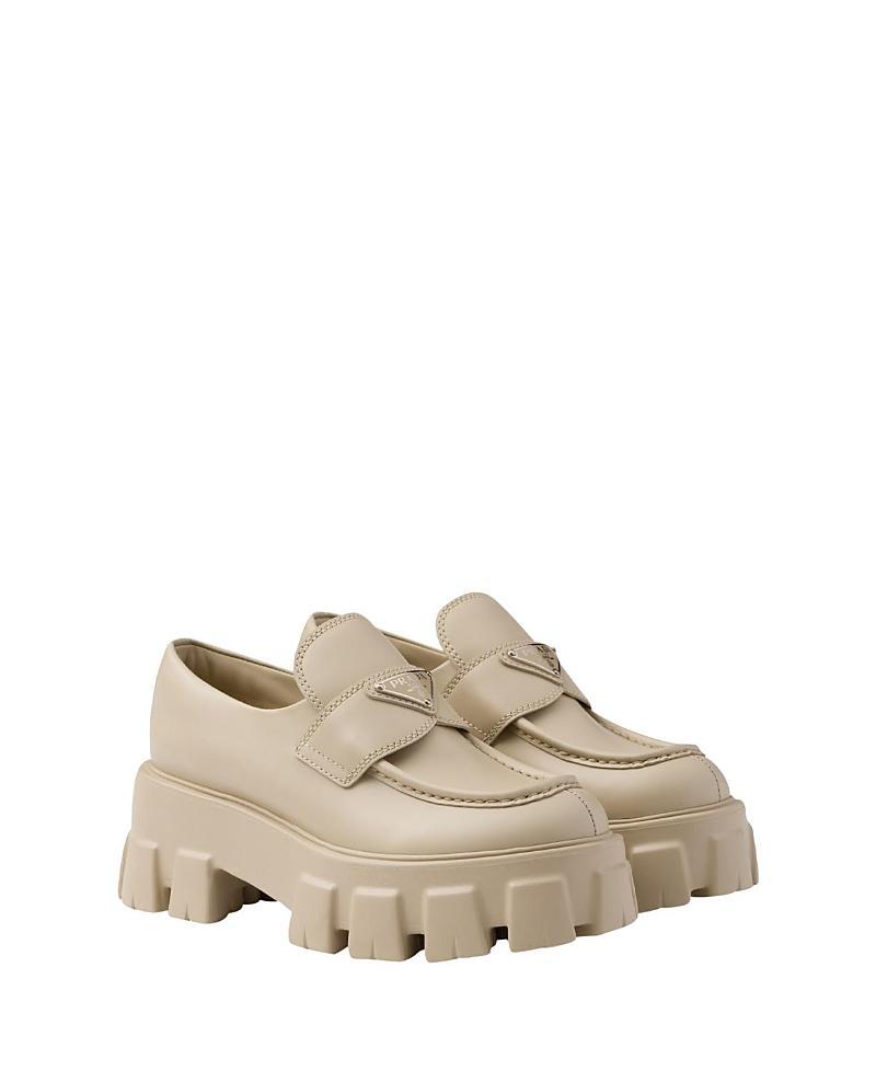 Prada Womens Brushed Leather Monolith Loafers Product Image