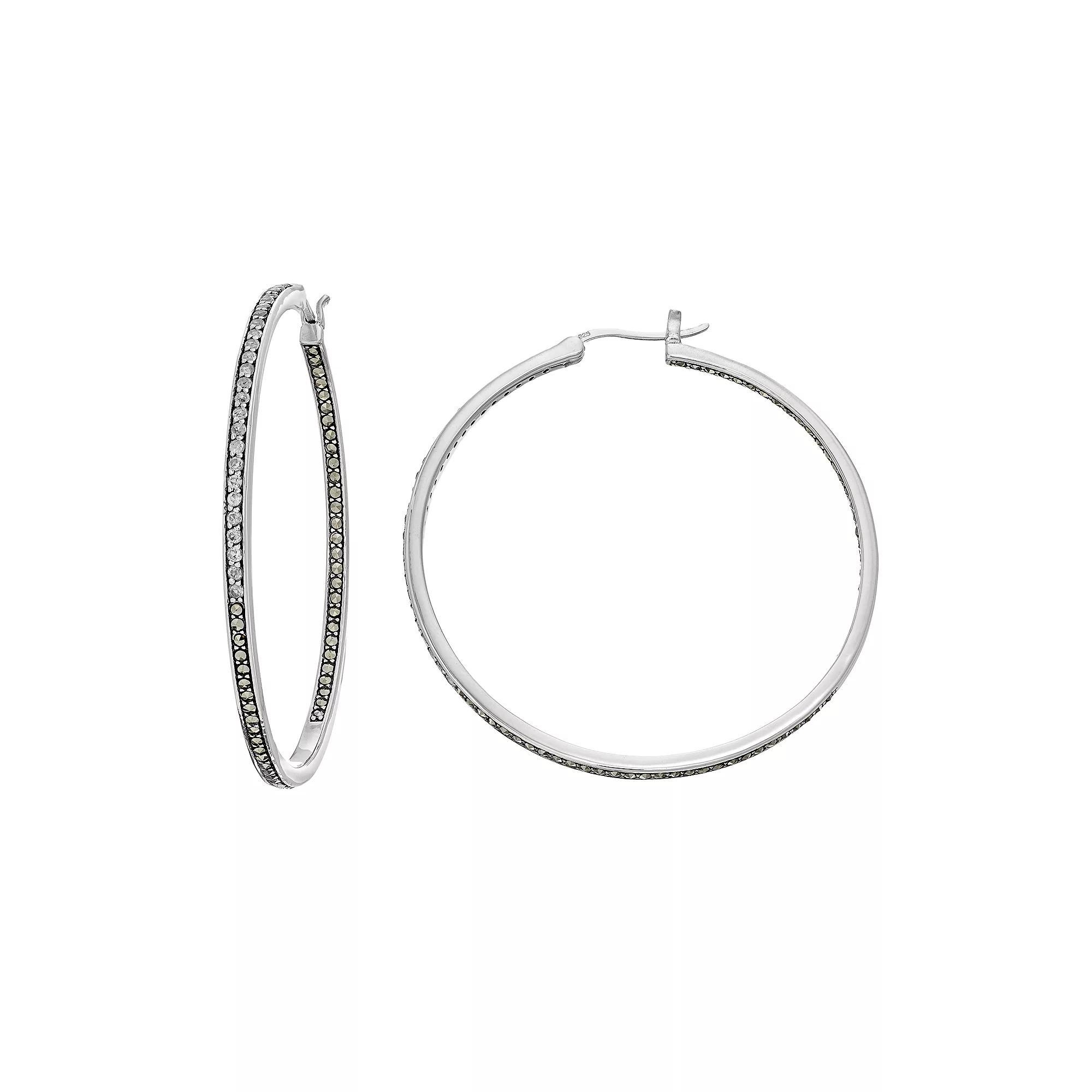 Lavish by TJM Sterling Silver White Topaz & Marcasite Hoop Earrings, Women's, Grey Product Image
