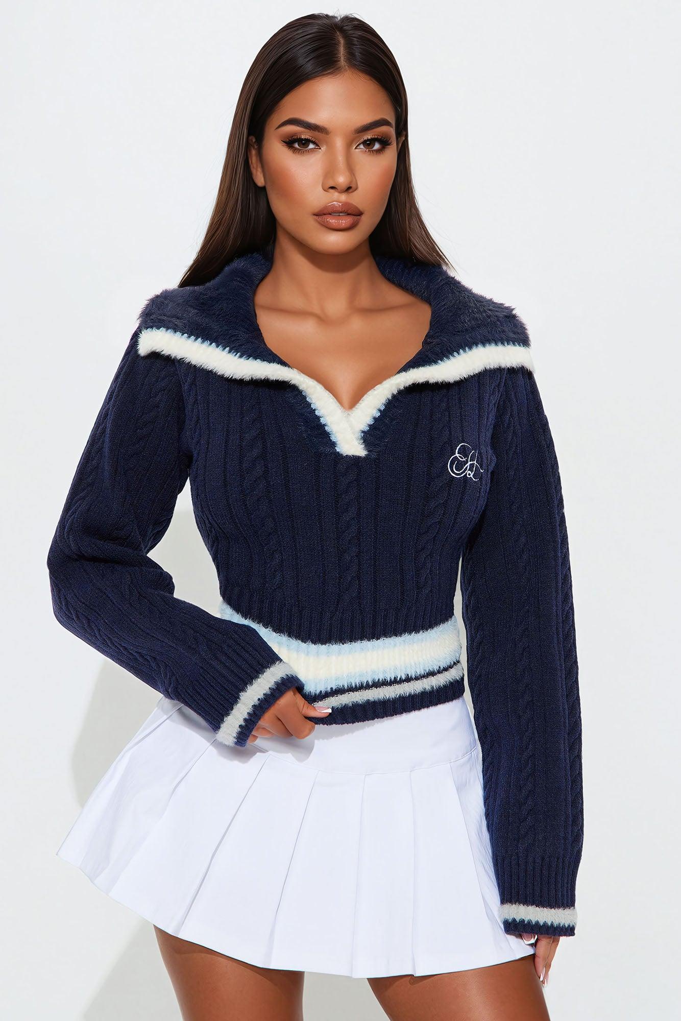 All The Gossip Varsity Polo Sweater - Navy/combo Product Image