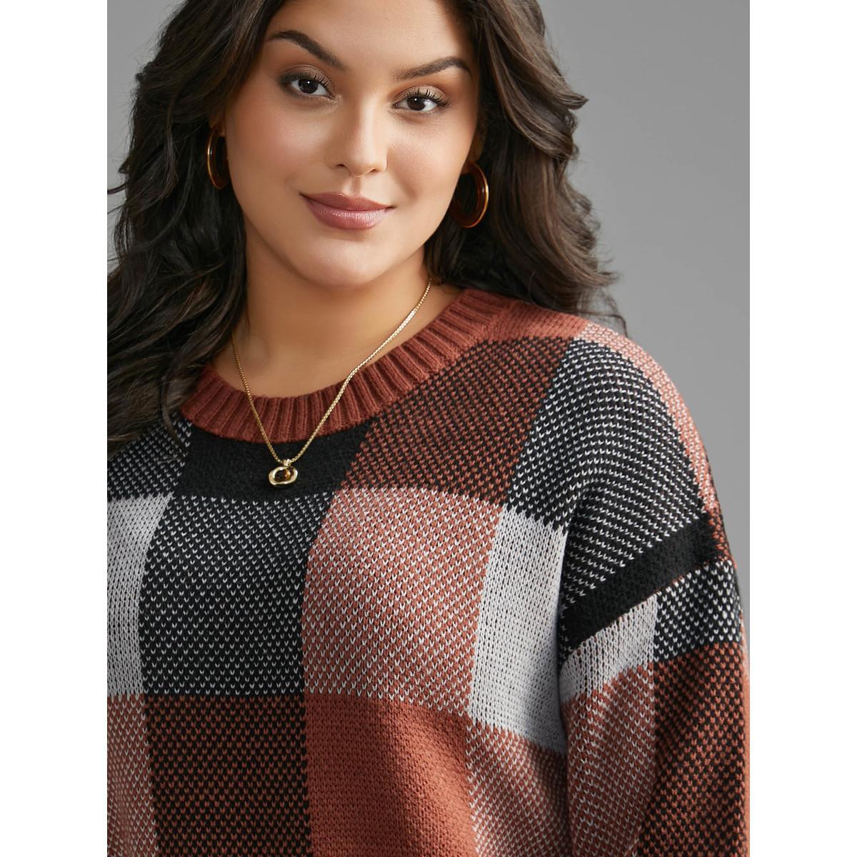 Plus Size Plaid Contrast Slit Hem Pullover Yellowishbrown Women Casual Loose Long Sleeve Round Neck Everyday Pullovers BloomChic 22-24/3X Product Image