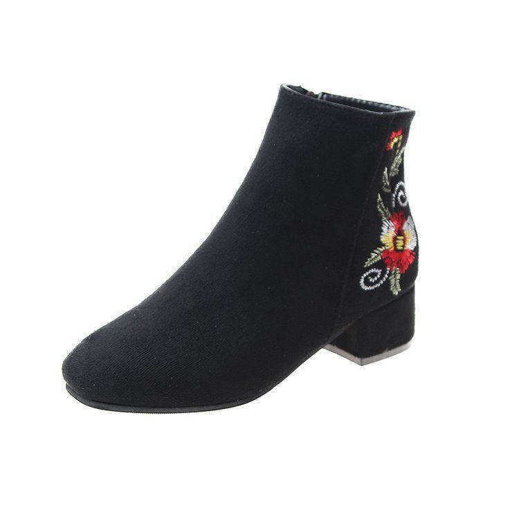 Embroidered Chunky-Heel Ankle Boots Product Image