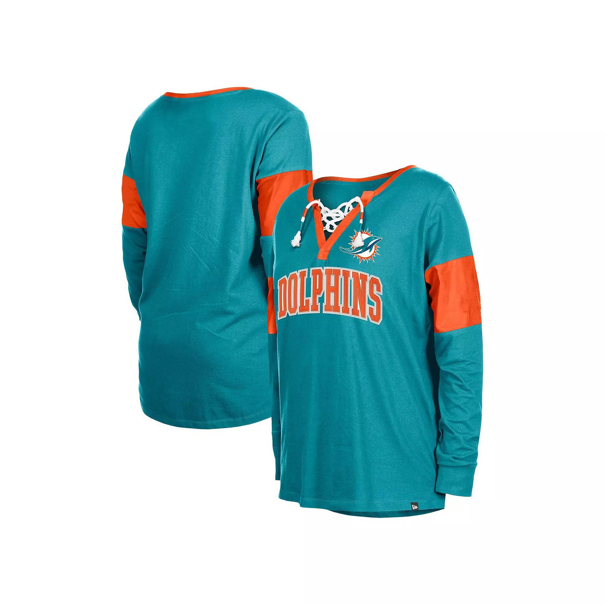 Women's New Era Aqua Miami Dolphins Lace-Up Notch-Neck Long Sleeve T-Shirt, Size: Large, Turquoise A Product Image