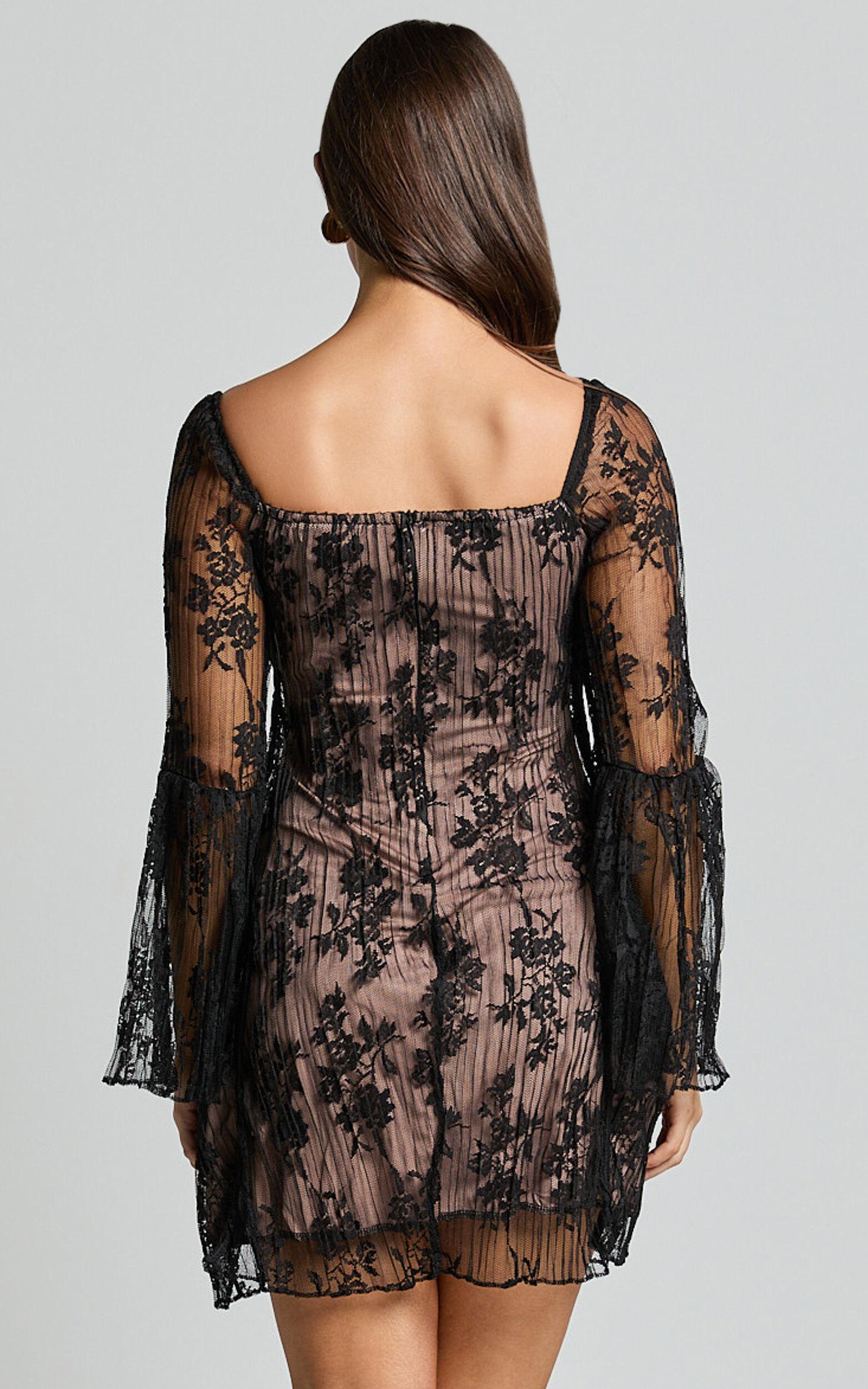 Agatha Mini Dress - Gathered Bust Long Sleeve A Line Dress in Black Product Image