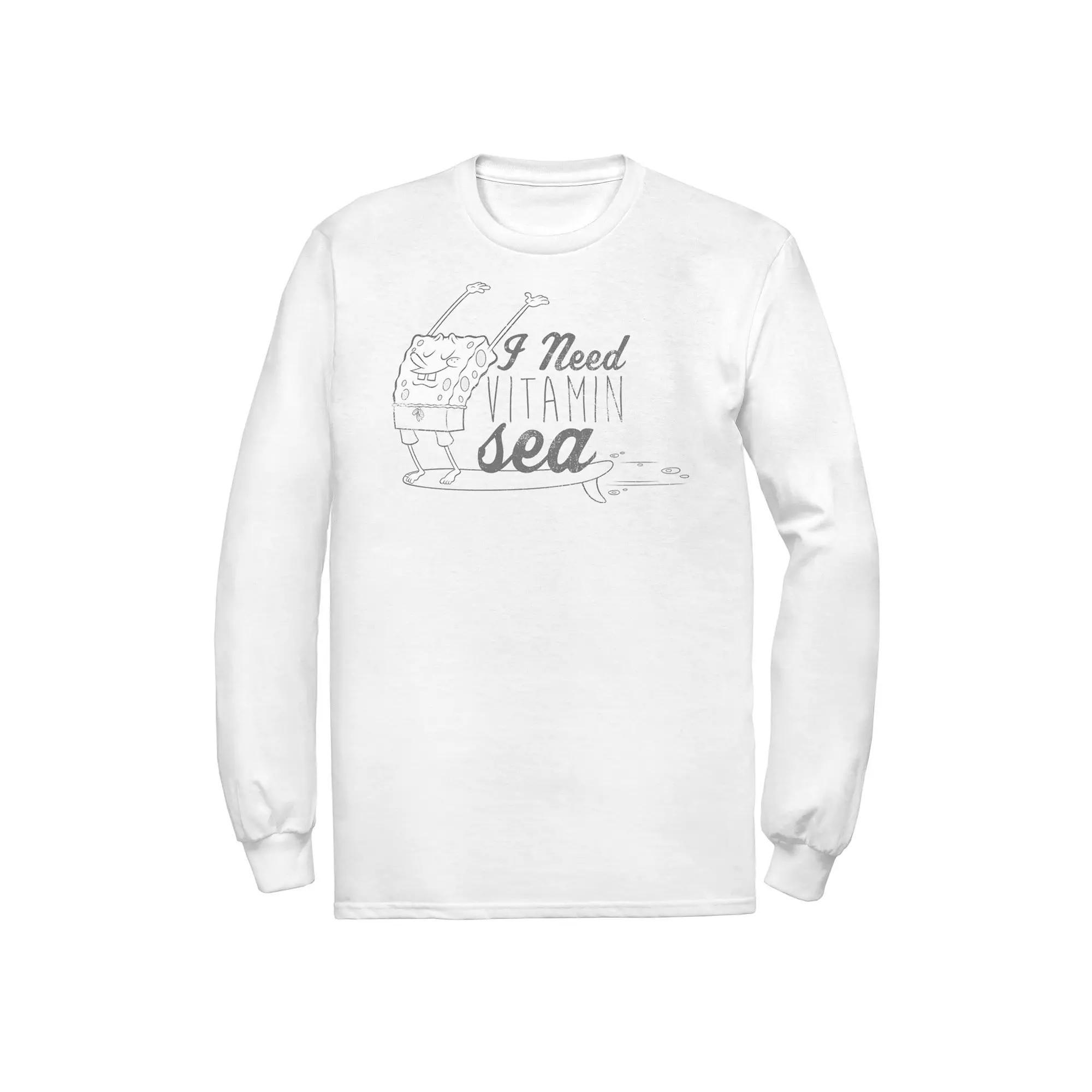 Men's Spongebob Squarepants Surfing I Need Vitamin Sea Long Sleeve Tee, Size: Medium, White Product Image