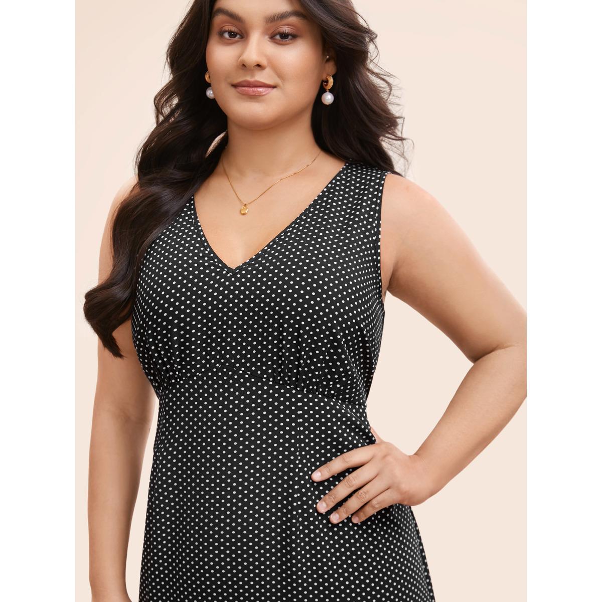 Plus Size V Neck Polka Dot Midi Dress Black Women Elegant Gathered V-neck Sleeveless Curvy BloomChic 14-16/1X Product Image
