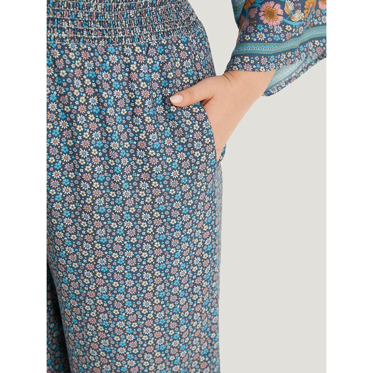 Plus Size Blue Floral Print Shirred Overlap Collar Jumpsuit Women Resort Elbow-length sleeve V-neck Vacation Loose Jumpsuits BloomChic 18-20/2X Product Image