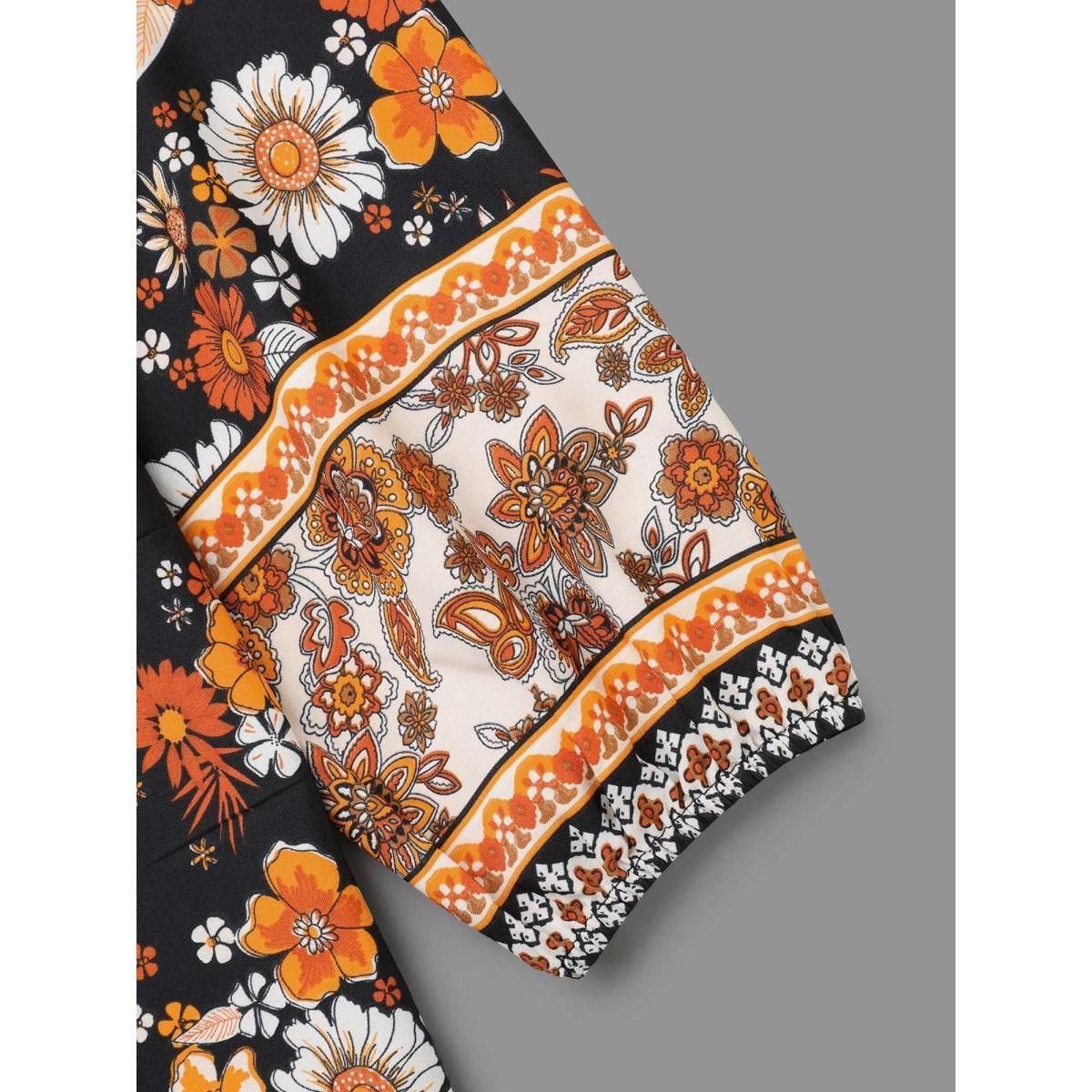 Plus Size Black Boho Print Tie Knot Lantern Sleeve Blouse Women Resort Long Sleeve Notched collar Vacation Blouses BloomChic 26/4X Product Image