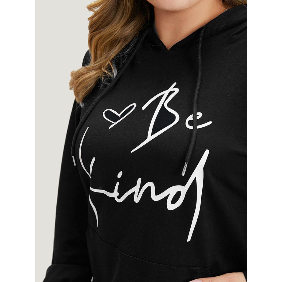Plus Size Letter Print Pocket Drawstring Hooded Sweatshirt Women Black Casual Elastic cuffs Dailywear Sweatshirts BloomChic 14-16/1X Product Image