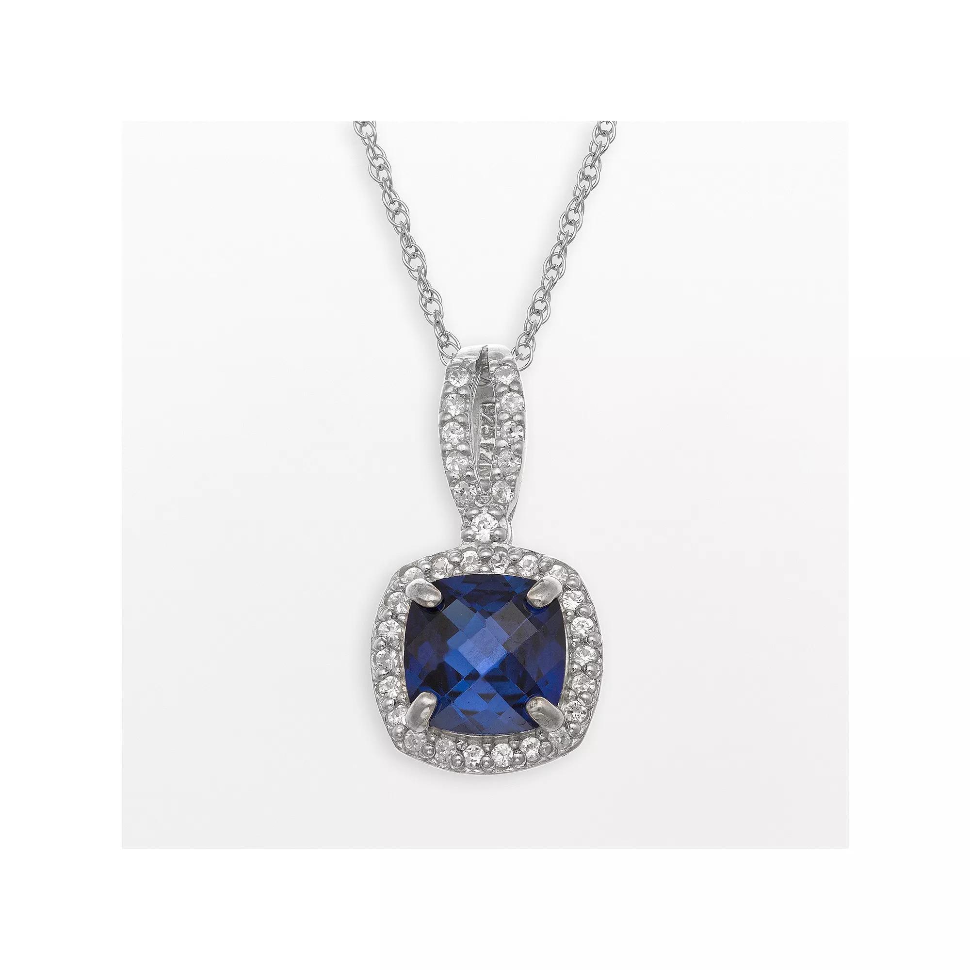 Sterling Silver Lab-Created Blue and White Sapphire Square Halo Pendant, Women's, Size: 18", Multi Grey Product Image