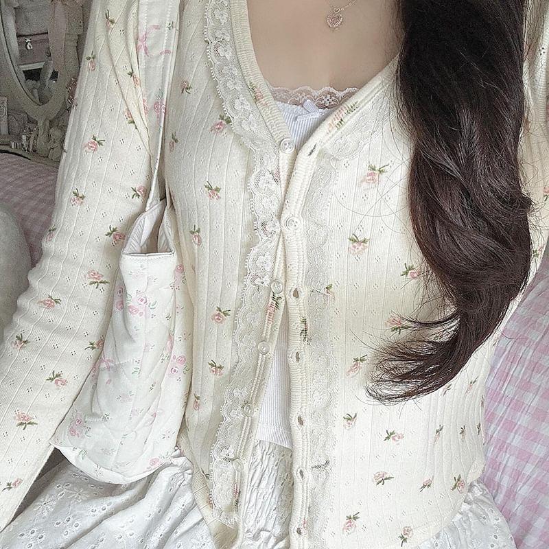Long Sleeve Floral Print Lace-Trim Slim-Fit Light Cardigan Product Image