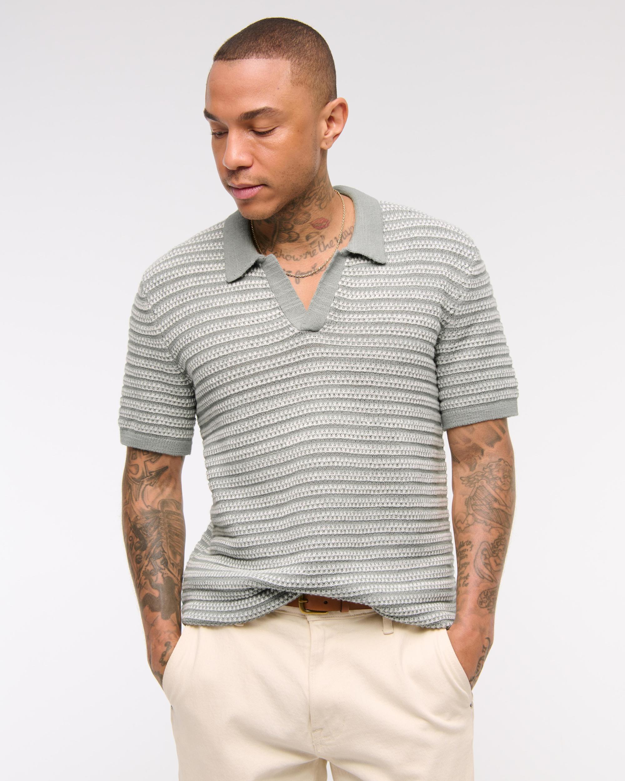 Textural Striped Johnny Collar Sweater Polo Product Image