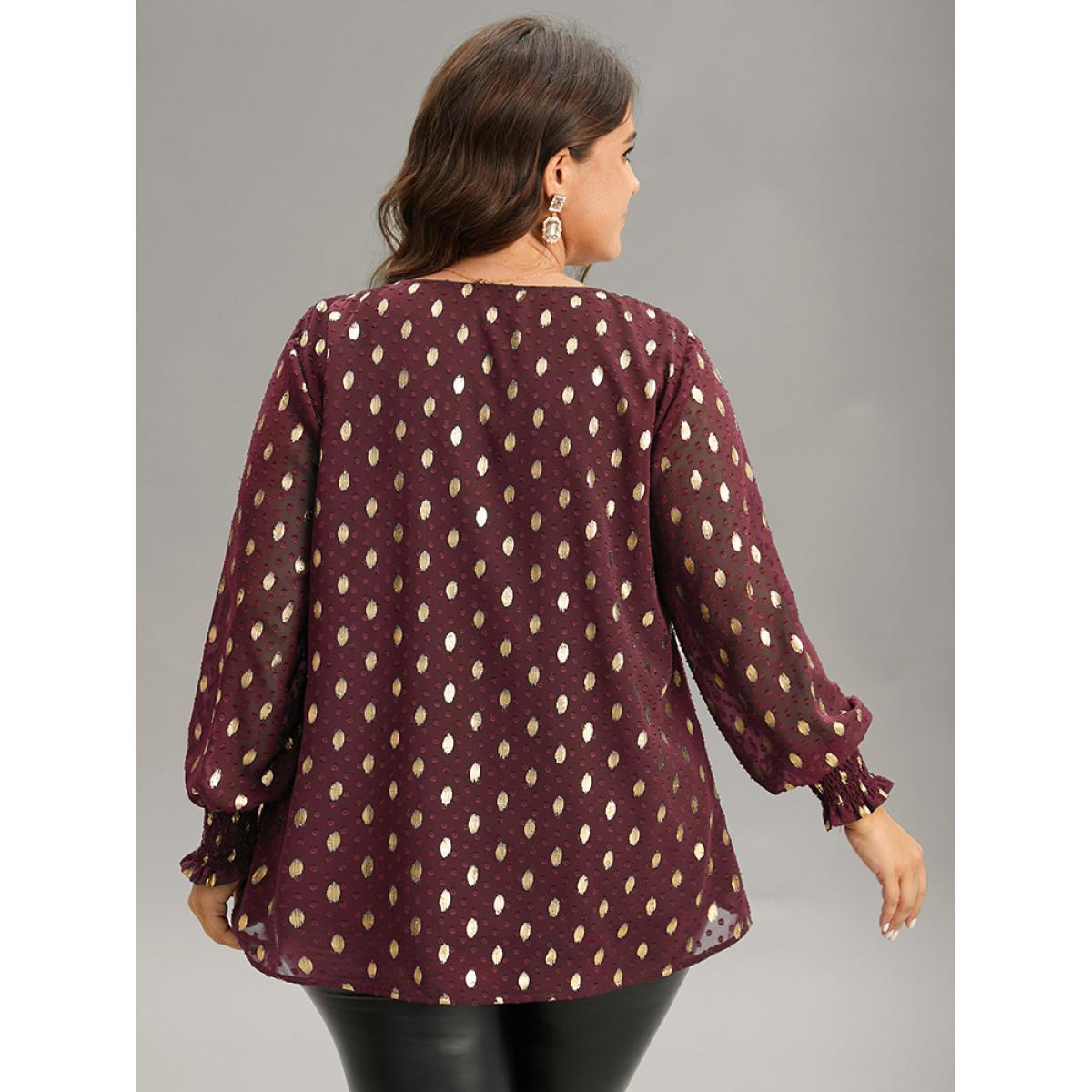 Plus Size Scarlet Glitter Polka Dot Textured Shirred Tiered Blouse Women Glamour Long Sleeve V-neck Party Blouses BloomChic 10/M Product Image