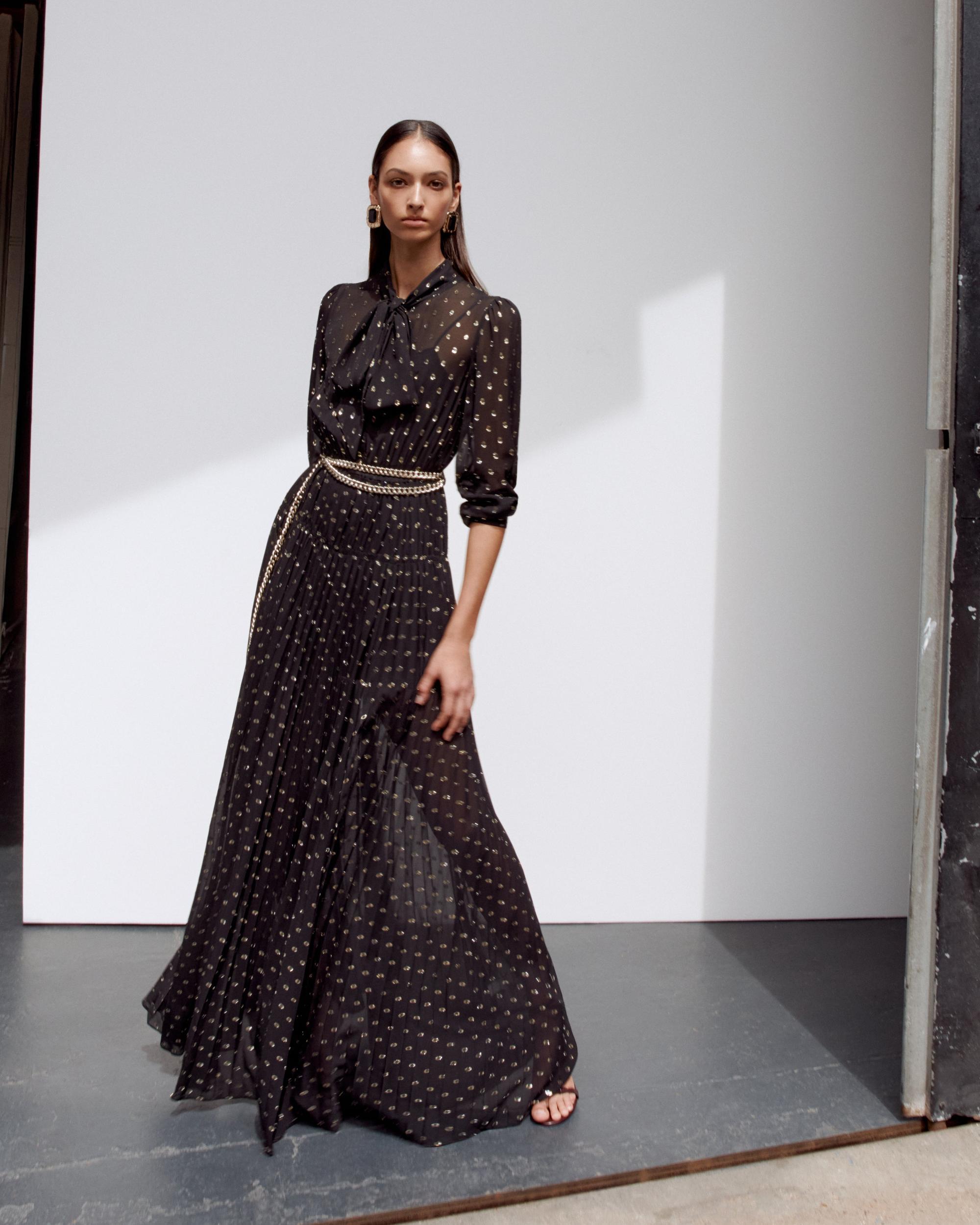 Black And Gold Pussy Bow Maxi Dress Product Image