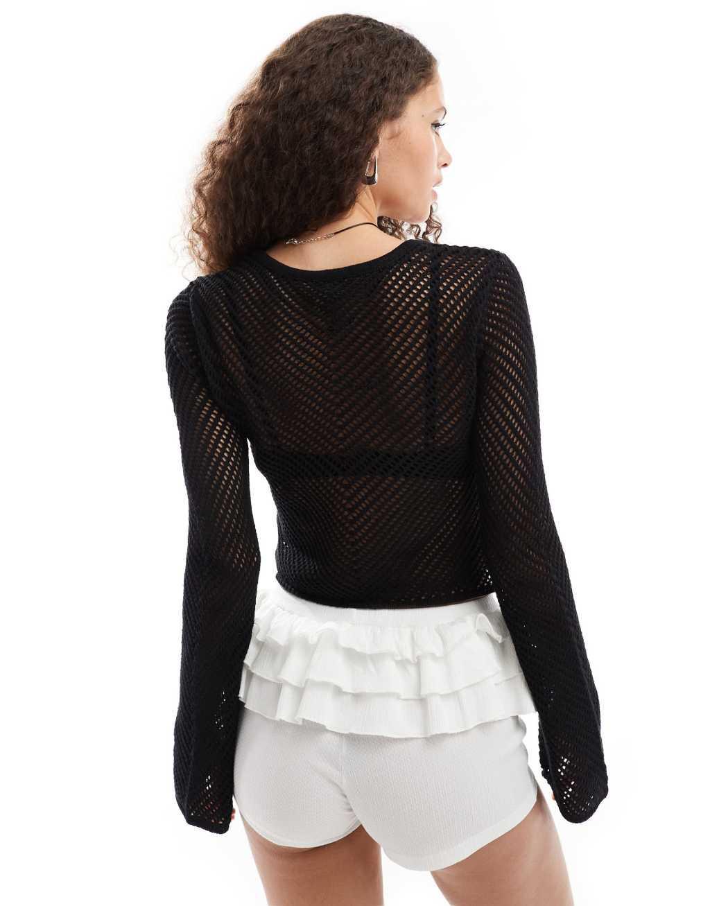 Noisy May square neck open knit top in black Product Image