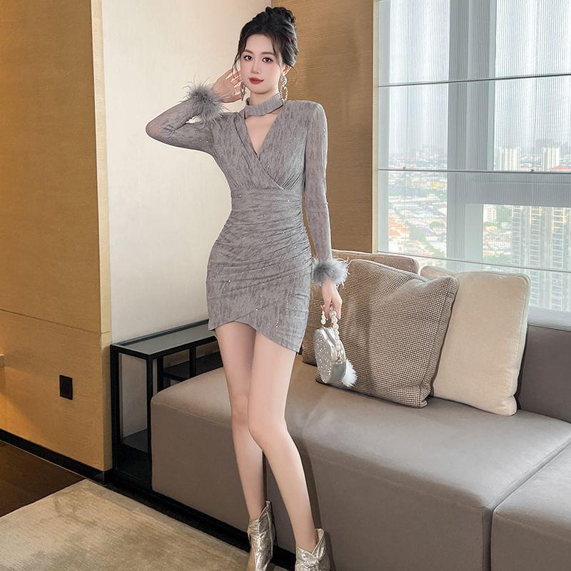 Long-Sleeve Halter Melange Asymmetrical Fluffy Trim Mini Sheath Dress Product Image