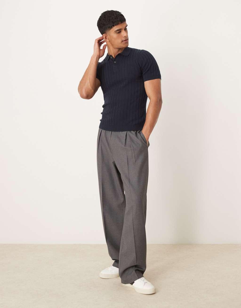 ASOS DESIGN knitted muscle fit rib polo t-shirt in navy Product Image