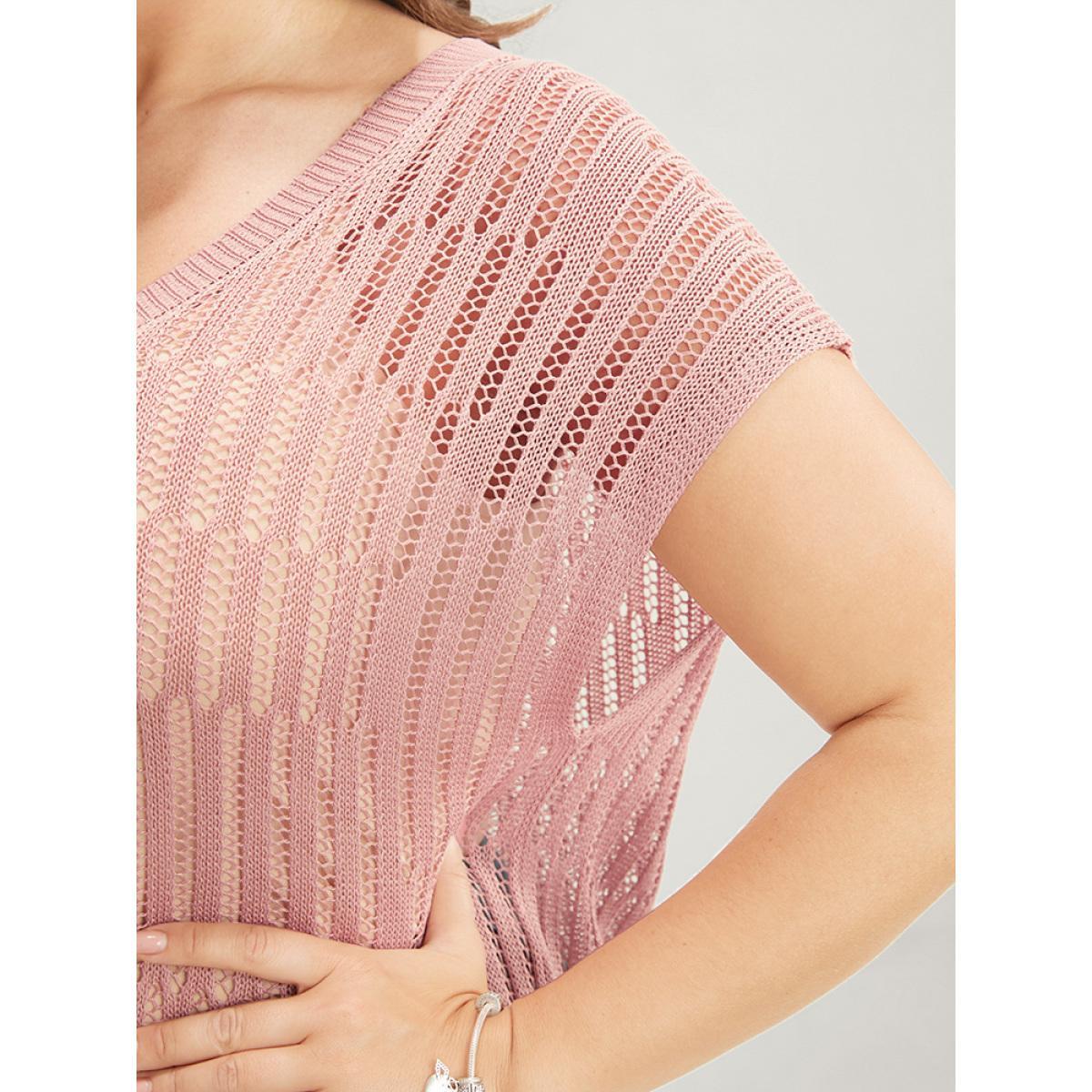 Plus Size Plain Vertical Striped Cut Out Split Hem Knit Top Coral Women Casual Sleeveless V-neck Dailywear Pullovers BloomChic 18-20/2X Product Image