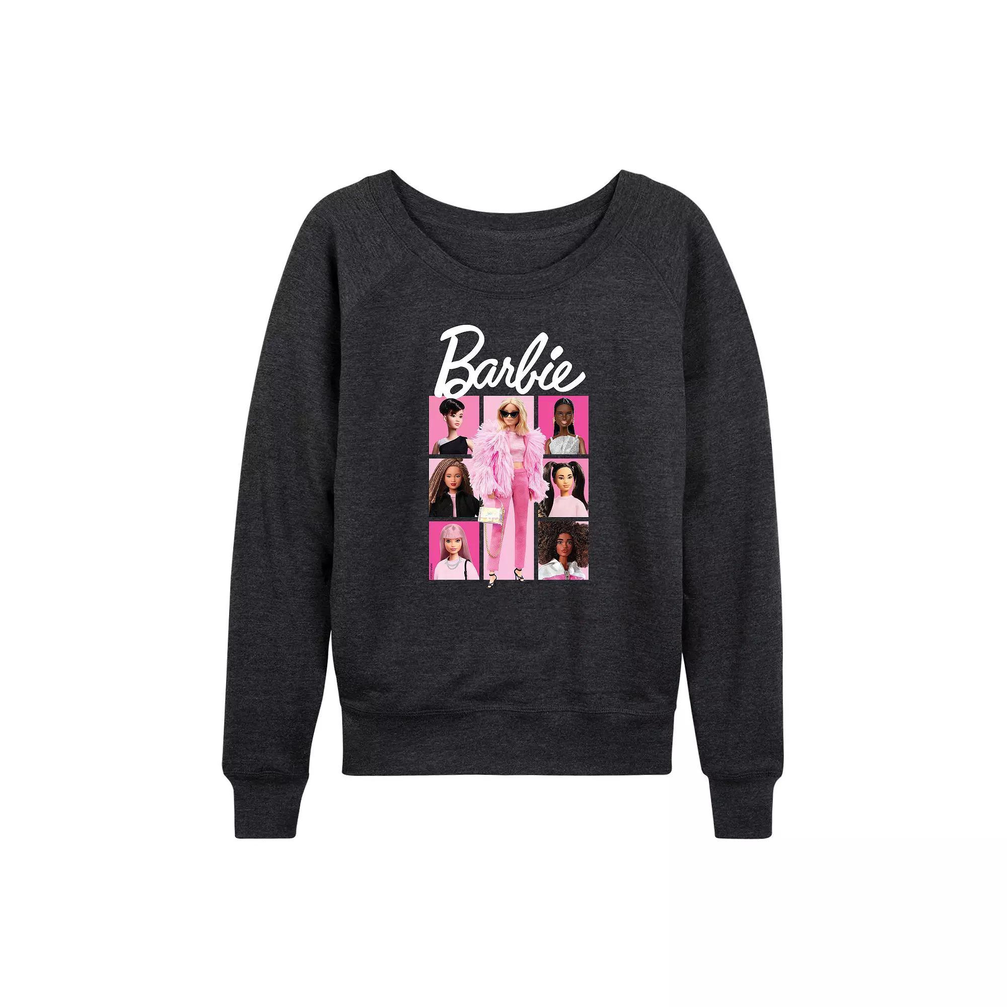 Womens Barbie Pink Grid French Terry Long Sleeve Tee, Girls Heather Grey Product Image