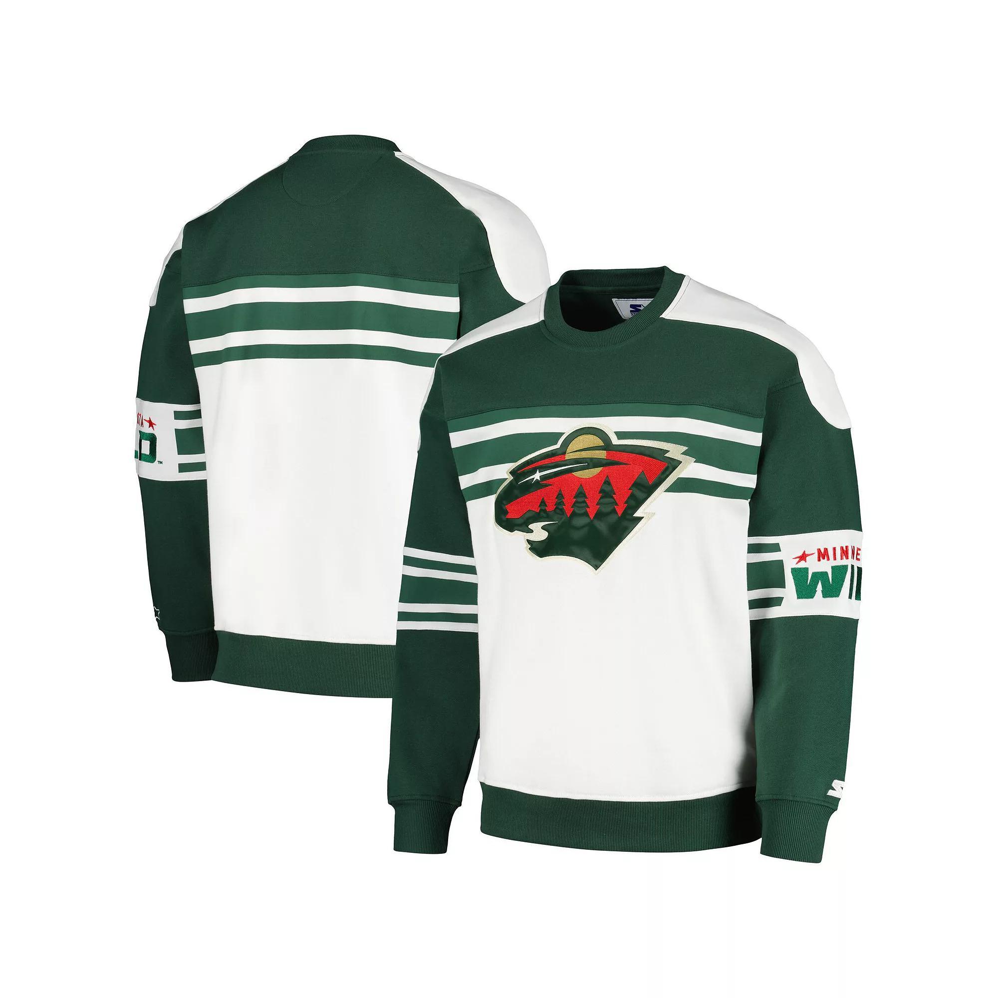 Men's Starter White Minnesota Wild Defense Fleece Crewneck Pullover Sweatshirt, Size: 2XL Product Image