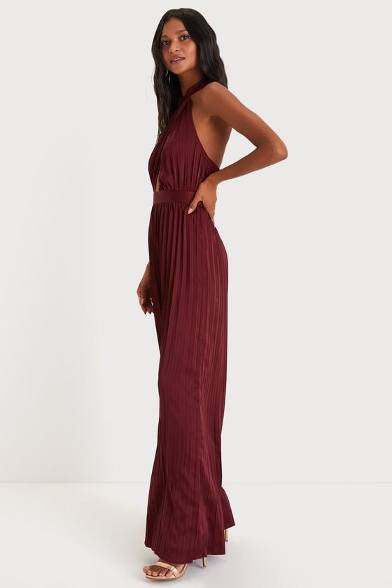 Confident Impression Burgundy Satin Pleated Halter Jumpsuit Product Image