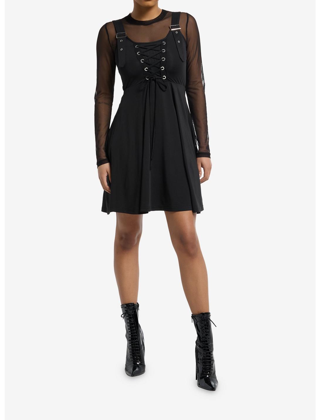 Black Grommet Lace-Up Mesh Twofer Dress Product Image