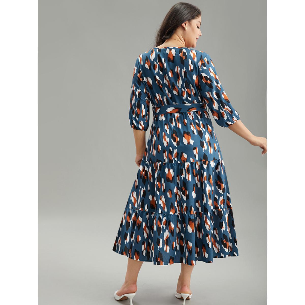 Plus Size Allover Print Ruffle Layered Hem Wrap Belted Dress Cerulean Women Office Elastic cuffs Overlap Collar Elbow-length sleeve Curvy Midi Dress BloomChic 30/6X Product Image