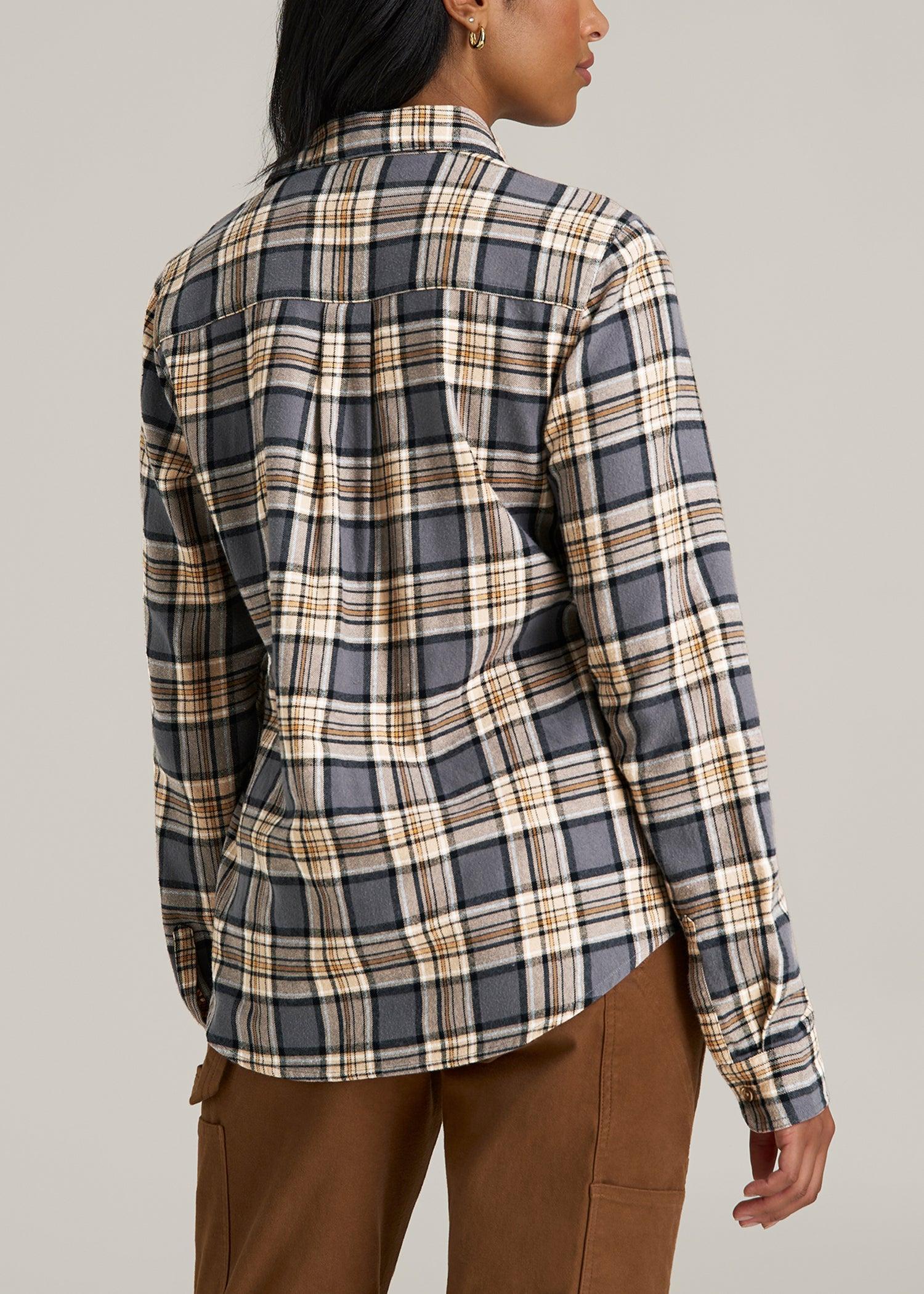 Flannel Button-Up Shirt for Tall Women in Grey and Camel Plaid Product Image