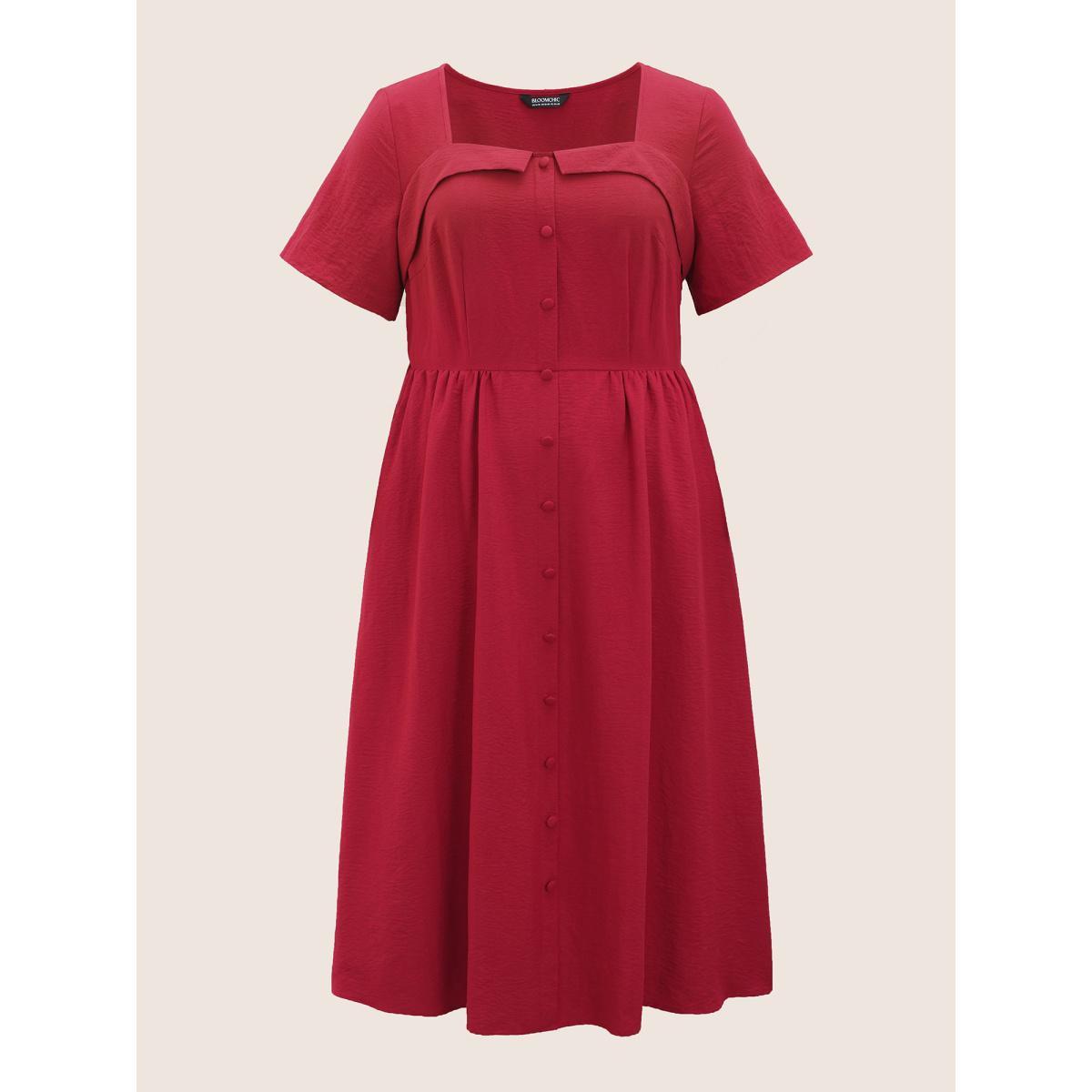 Plus Size Solid Square Neck Button Detail Midi Dress Scarlet Women Elegant Gathered Square Neck Short sleeve Curvy BloomChic 28/5X Product Image