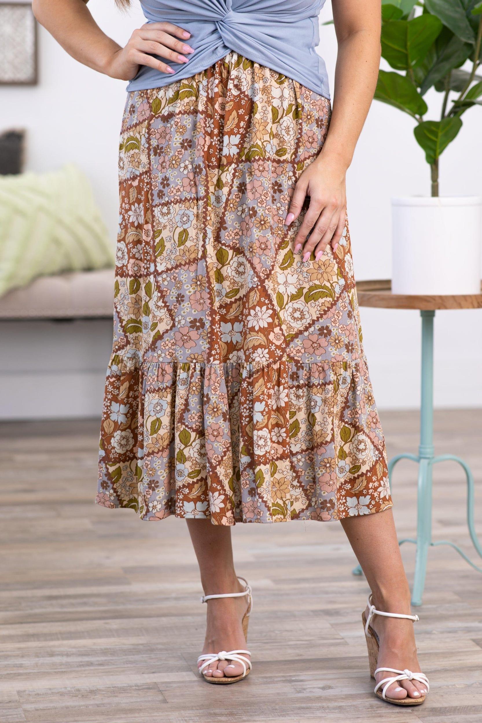 Chestnut and Grey Patchwork Floral Maxi Skirt Product Image