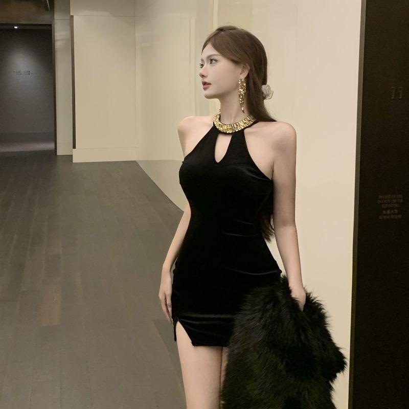 Halter Neck Sequined Slit Mini Bodycon Dress Product Image
