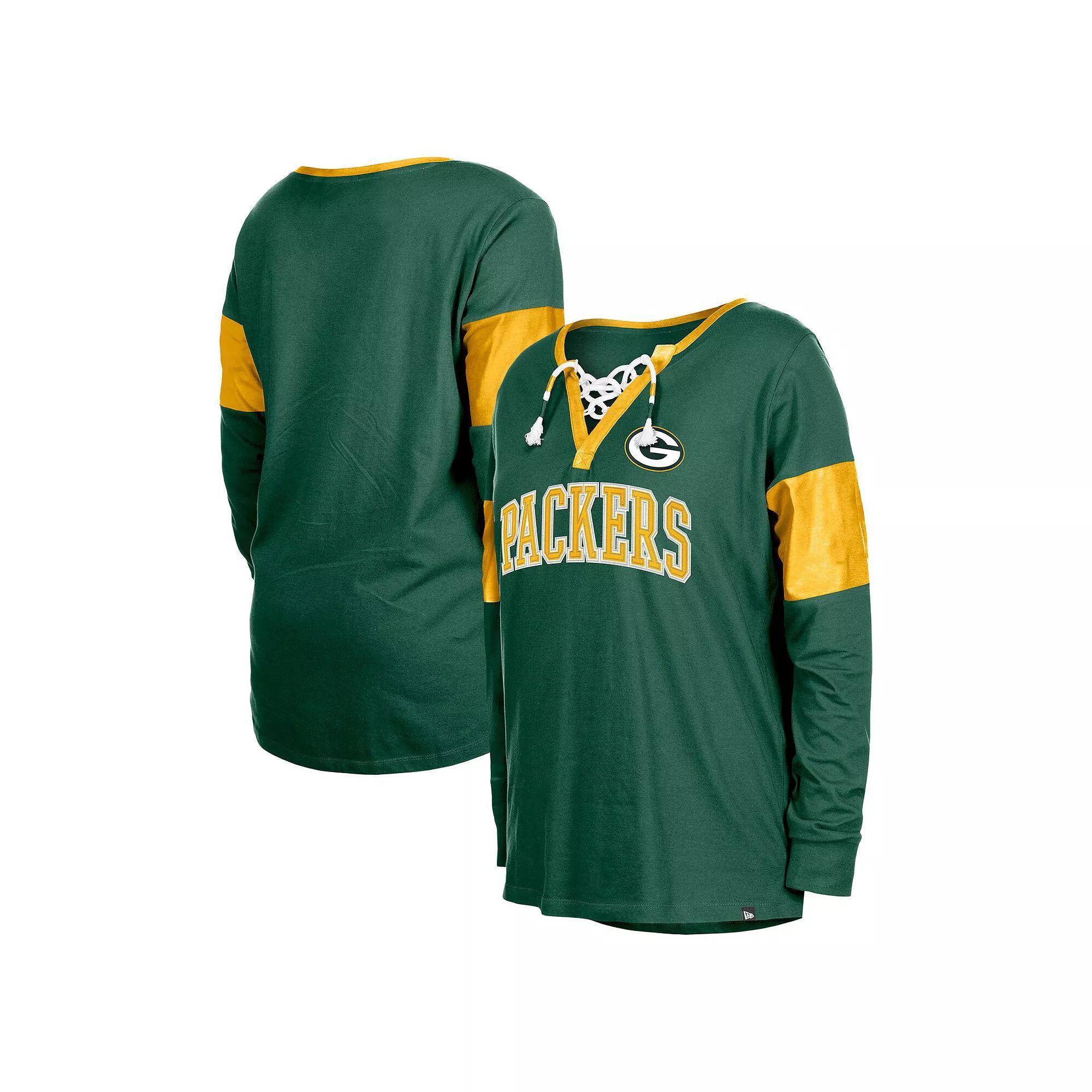 Women's New Era Green Green Bay Packers Lace-Up Notch-Neck Long Sleeve T-Shirt, Size: Large Product Image