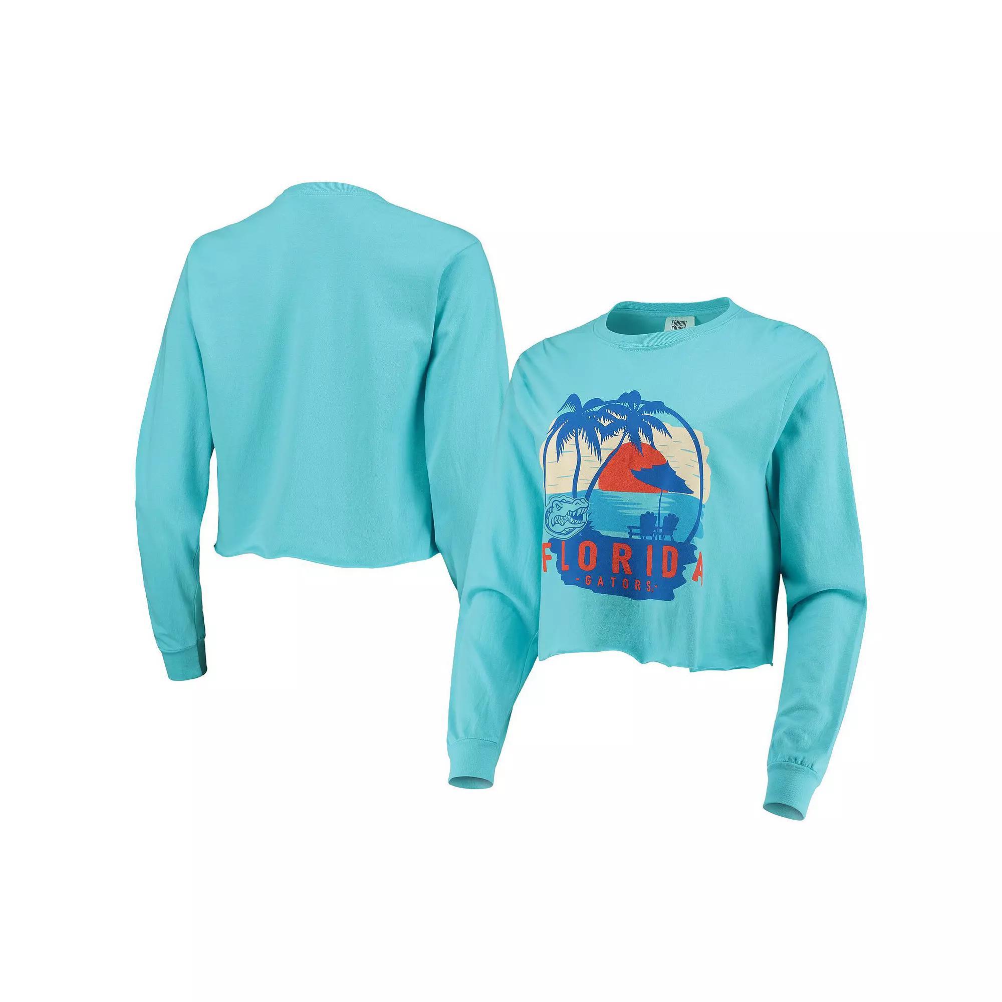 Women's Teal Florida Gators Palm Trees Sunset Long Sleeve Crop Top, Size: Large, Blue Product Image