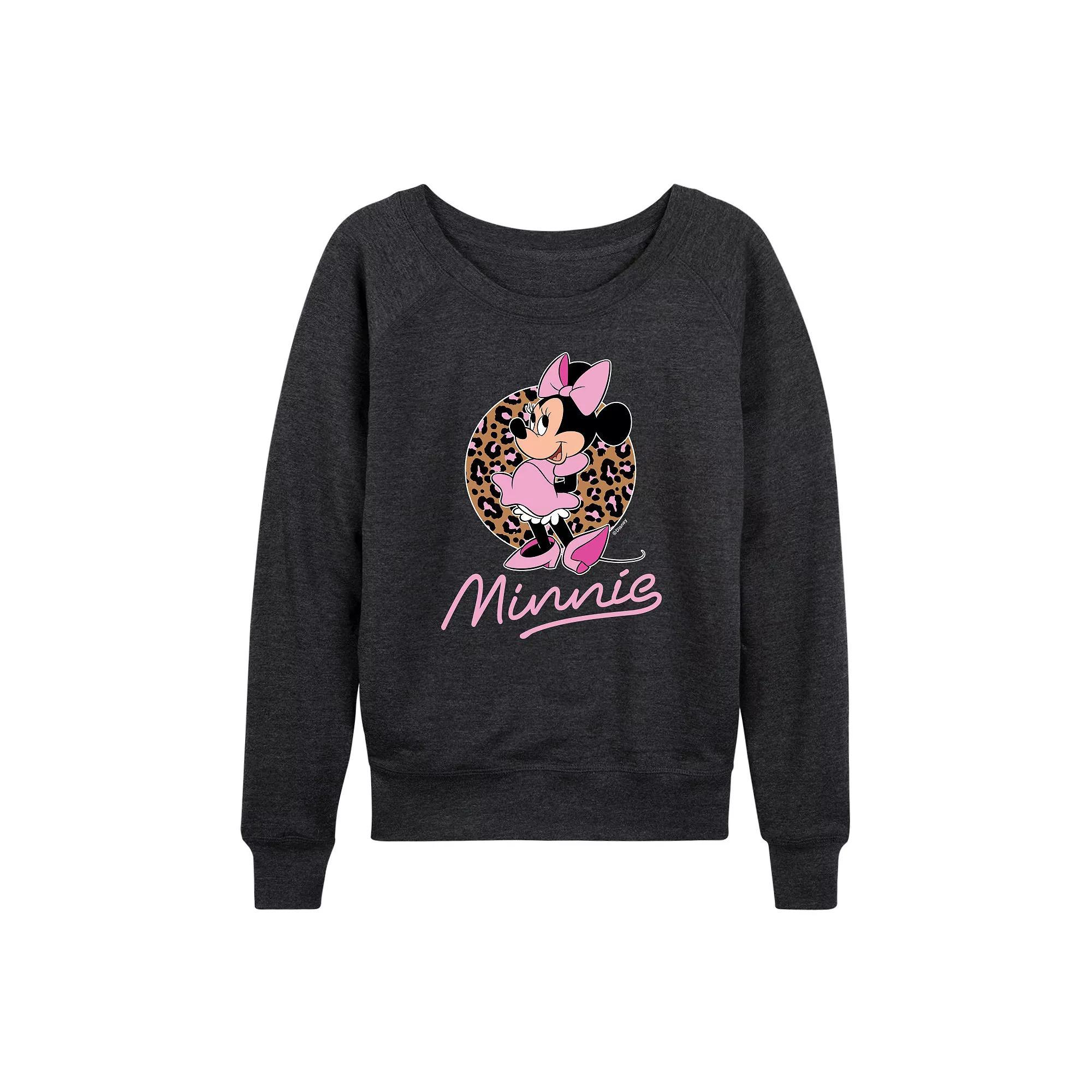 Disney's Minnie Mouse Women's Leopard Print French Terry Long Sleeve Tee, Girl's, Size: XL, Heather Grey Product Image