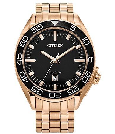 Citizen Mens Eco-Drive Sport Luxury Carson Rose Gold Tone Stainless Steel Black Dial Bracelet Watch Rosegold Product Image