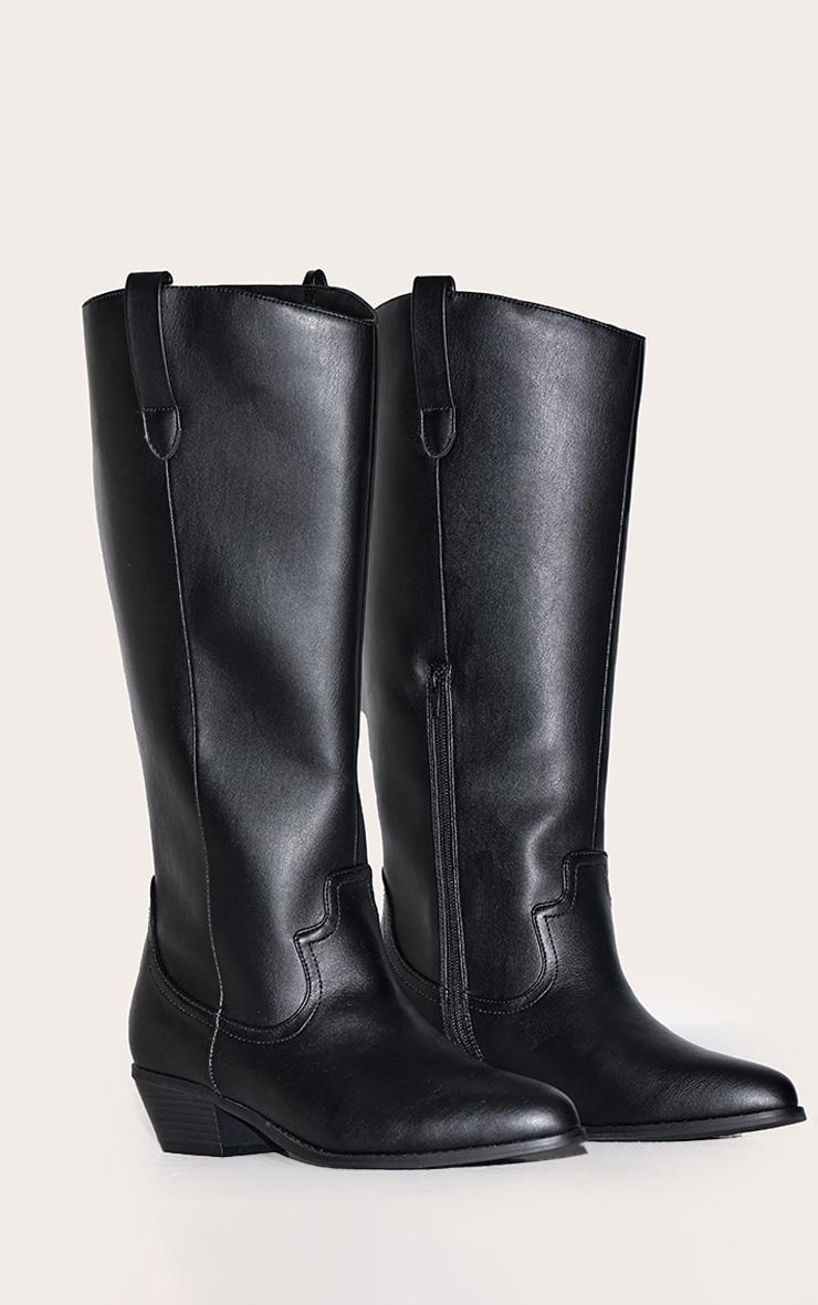Black PU Wide Fit Point Toe Knee High Western Boots Product Image