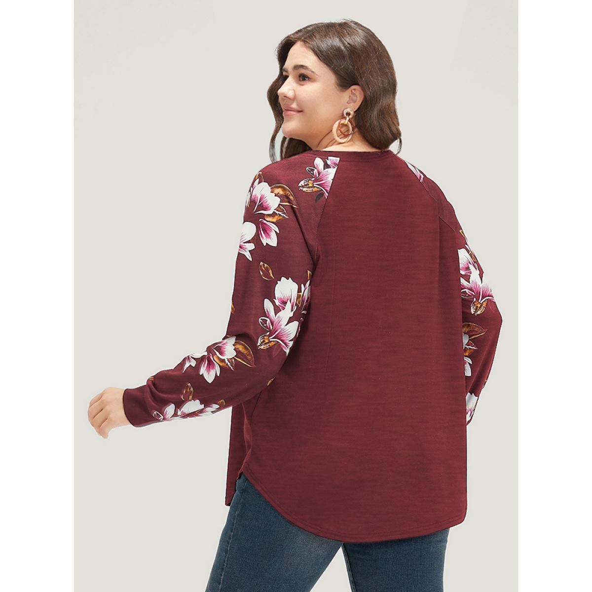 Plus Size Floral Patchwork Crew Neck Raglan Sleeve Sweatshirt Women Burgundy Elegant Elastic cuffs Round Neck Dailywear Sweatshirts BloomChic 18-20/2X Product Image