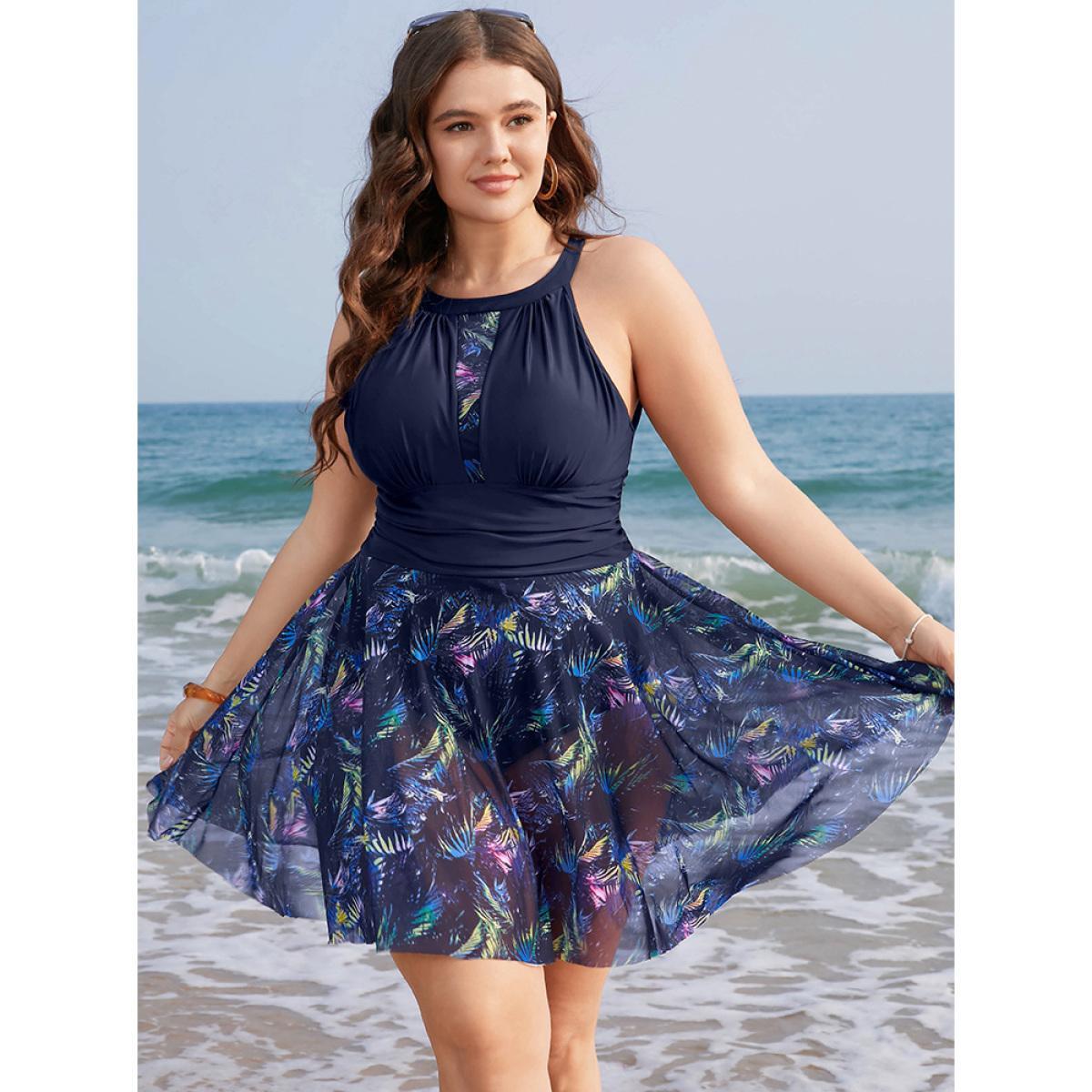 Plus Size Tropical Print Knotted Back Cut Out Halter Swim Dress Women's Swimwear Indigo Vacation Bodycon Halter neck High stretch Curve Swim Dresses BloomChic 28/5X Product Image