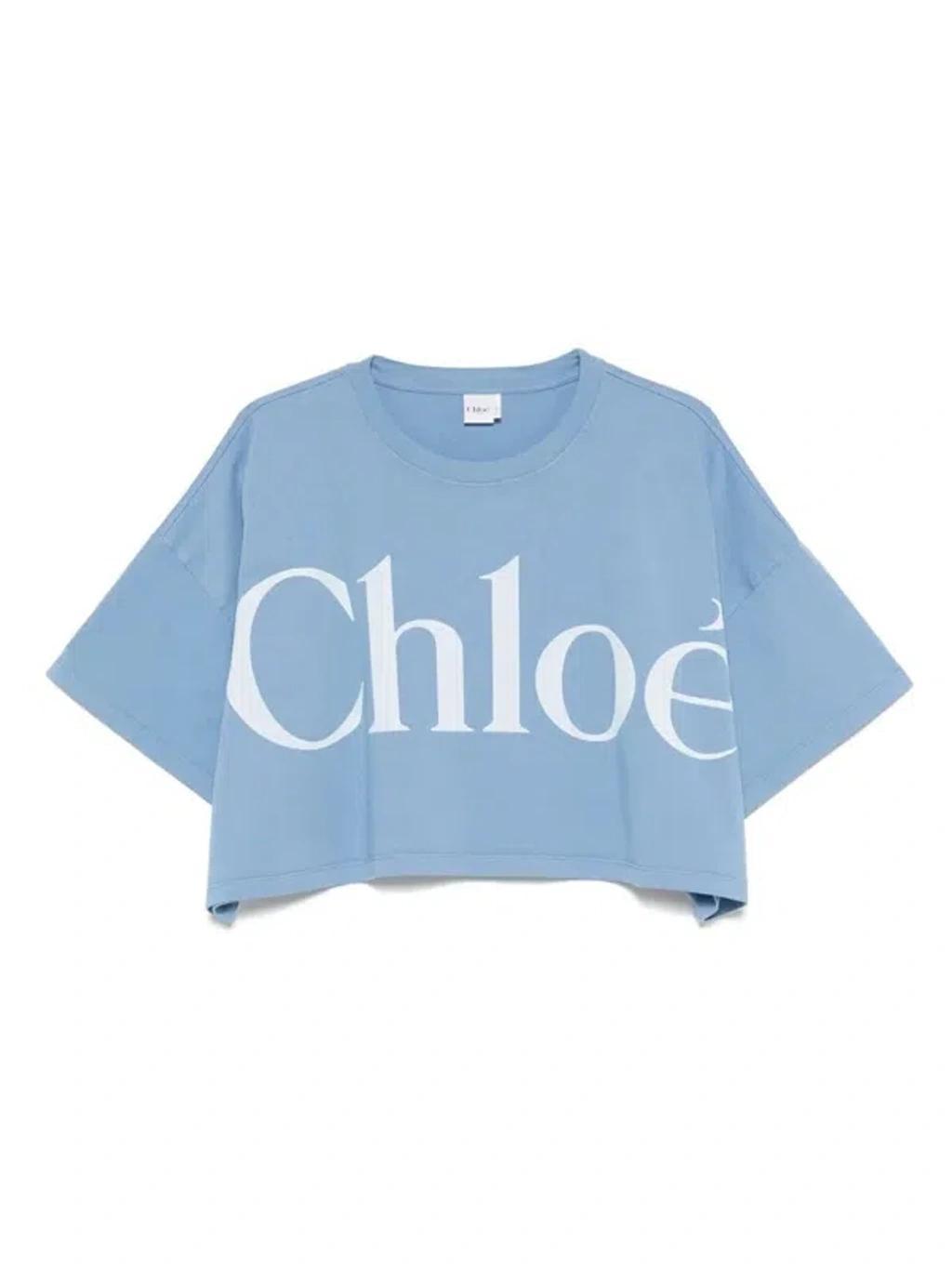 CHLOÉ Women Light Blue Jersey Cropped Logo T-shirt Product Image