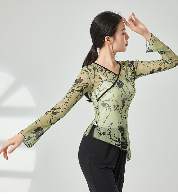Long-Sleeve Floral Asymmetrical Dance Top Product Image