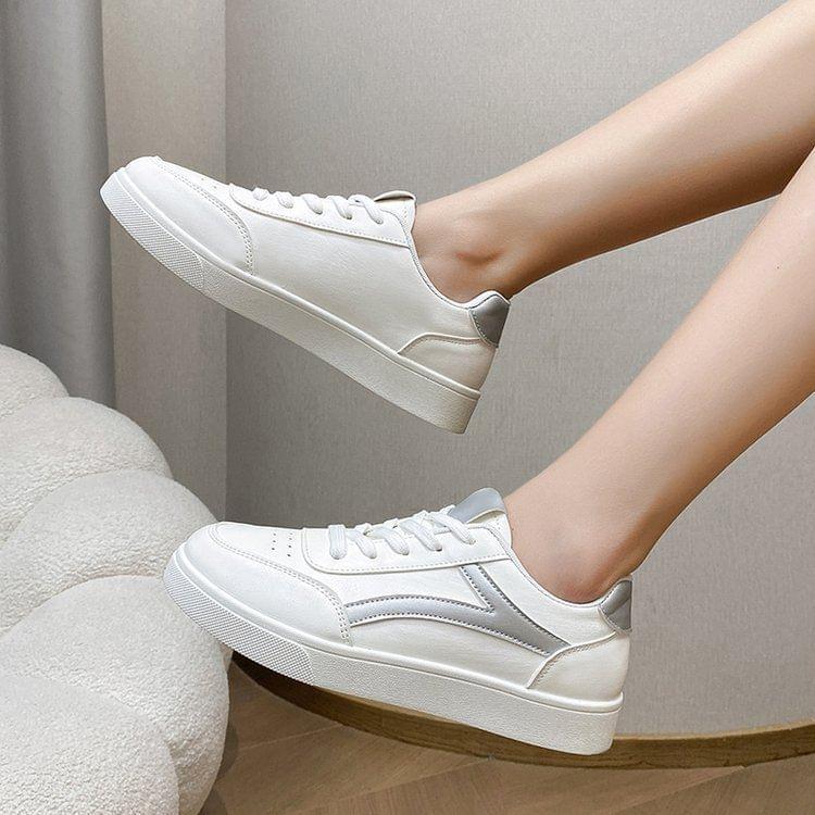 Two Tone Lace-Up Faux Leather Sneakers Product Image