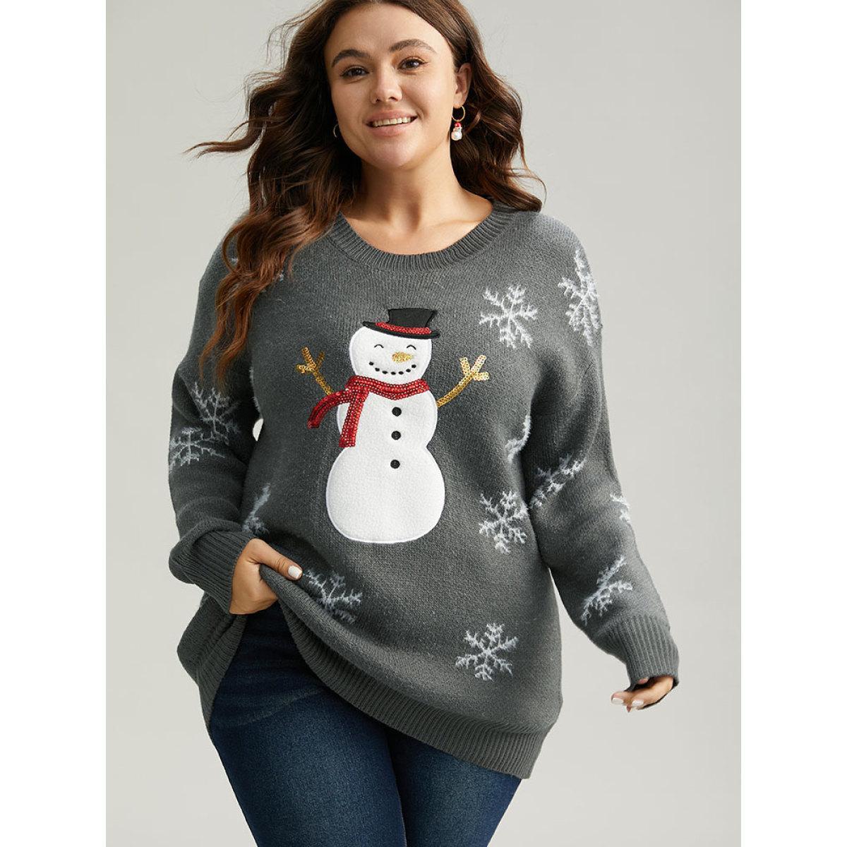 Plus Size Sequin Christmas Graphic Drop Shoulder Pullover DimGray Women Casual Loose Long Sleeve Round Neck Festival-Christmas Pullovers BloomChic 10/M Product Image