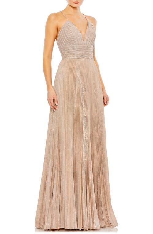 Mac Duggal Metallic Pleated Deep V-Neck Crisscross Back Detail Sleeveless Gown Product Image